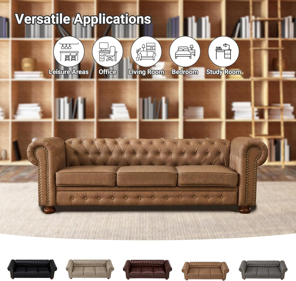 Chesterfield Leather Sofa, 89" Mid Century Modern Couch with Low Back, Roll Arm Nailhead Trim Classic 3 Seater Couch for Living Room, Office, Apartment, Faux Leather Brown