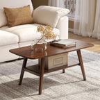 100% Solid Oak Wood Coffee Table for Living Room, 2-Tier Small Table with Storage Shelf, Mid Century Modern Coffee Tables (Walnut, 31.49" x 19.68" x 17.32")