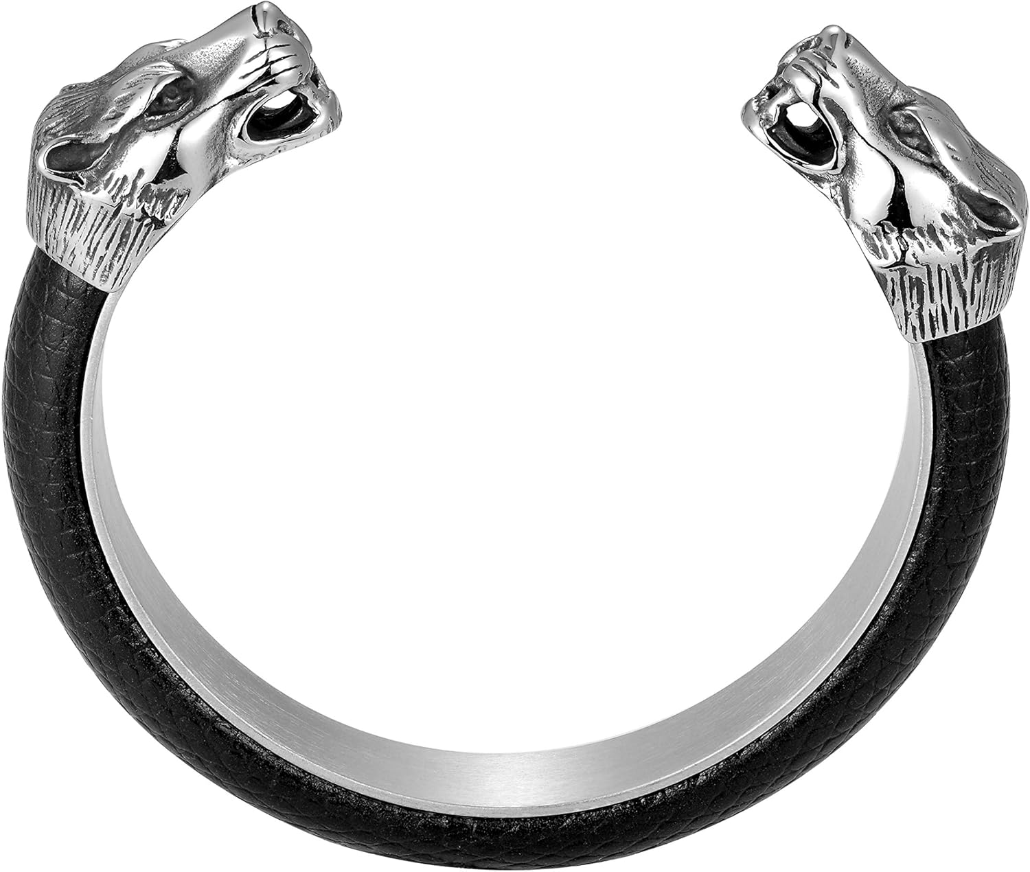 Beastly Stylish Men’s Bracelet – Wolf’s Head Adornment – Black & Polished Silver Color Band – Made of Genuine Leather & Rust Resistant Stainless Steel – Jewelry Gift or Accessory for Men