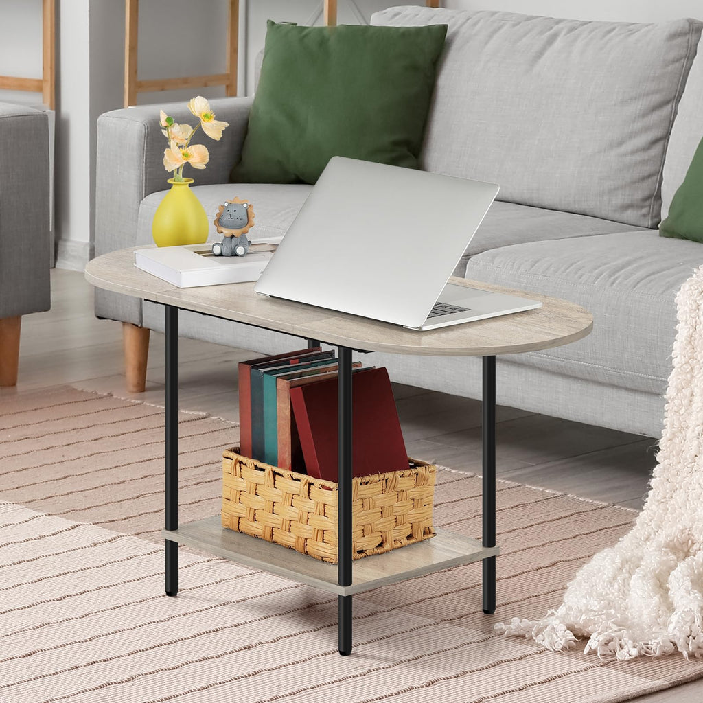 ETELI Small Round Coffee Tables for Small Space Farmhouse Oval Coffee Table with 2-Tier Storage Shelf Circle Center Tea Table for Living