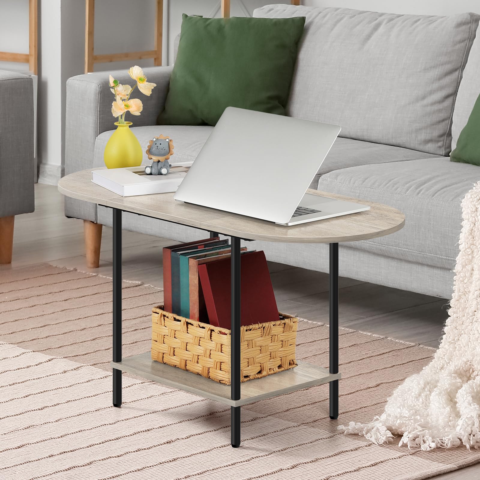 ETELI Small Round Coffee Tables for Small Space Farmhouse Oval Coffee Table with 2-Tier Storage Shelf Circle Center Tea Table for Living