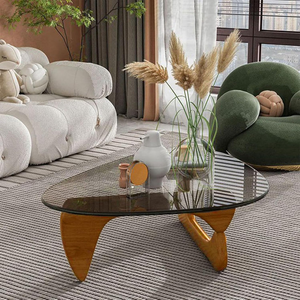 Coffee Tables for Living Room - Triangle Glass Coffee Table with Wooden Base Mid-Century Modern Abstract End Table for Study Room Office Hotel Balcony (Walnut Transparent, Small 32.2 * 22.4 * 16in)