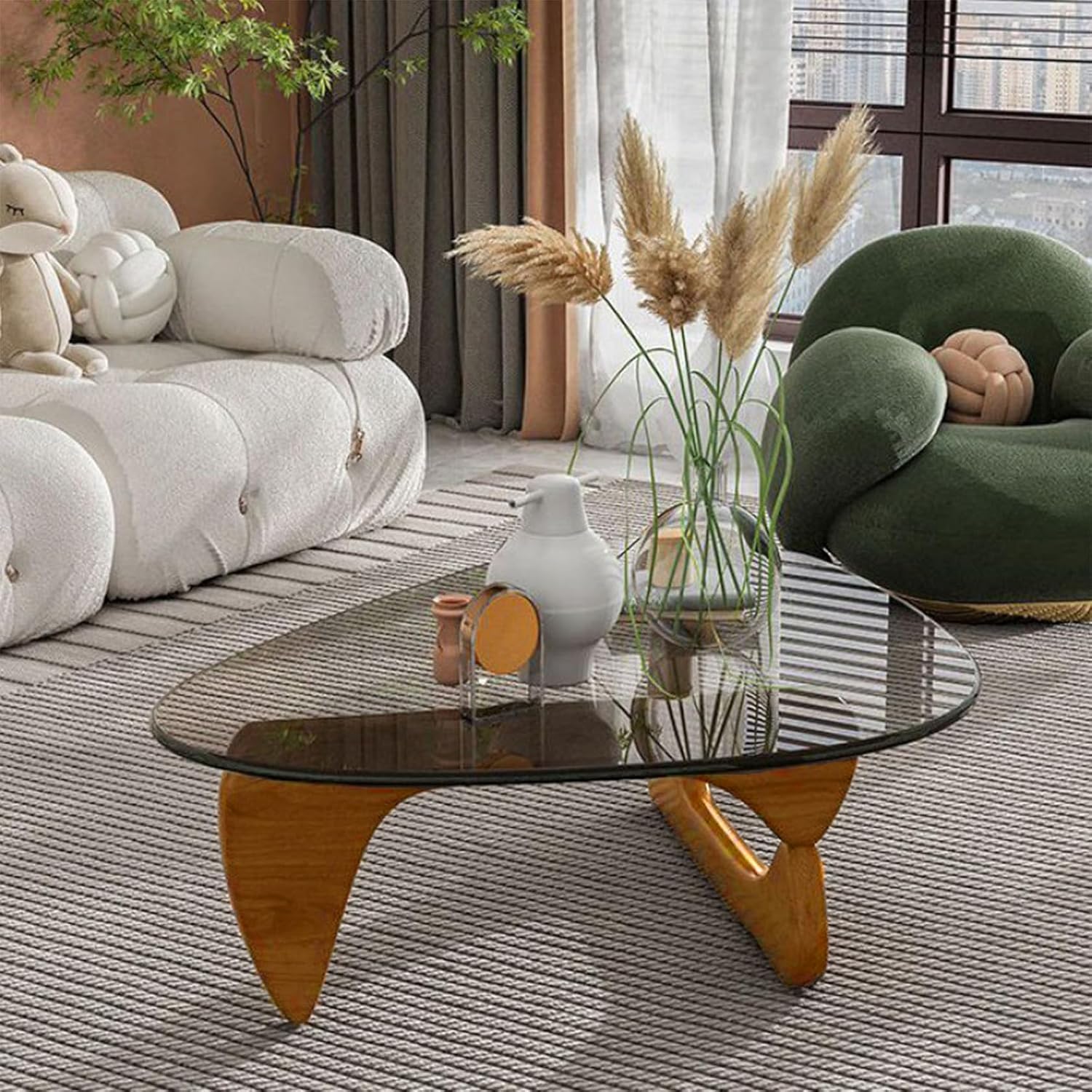 Coffee Tables for Living Room - Triangle Glass Coffee Table with Wooden Base Mid-Century Modern Abstract End Table for Study Room Office Hotel Balcony (Walnut Transparent, Small 32.2 * 22.4 * 16in)