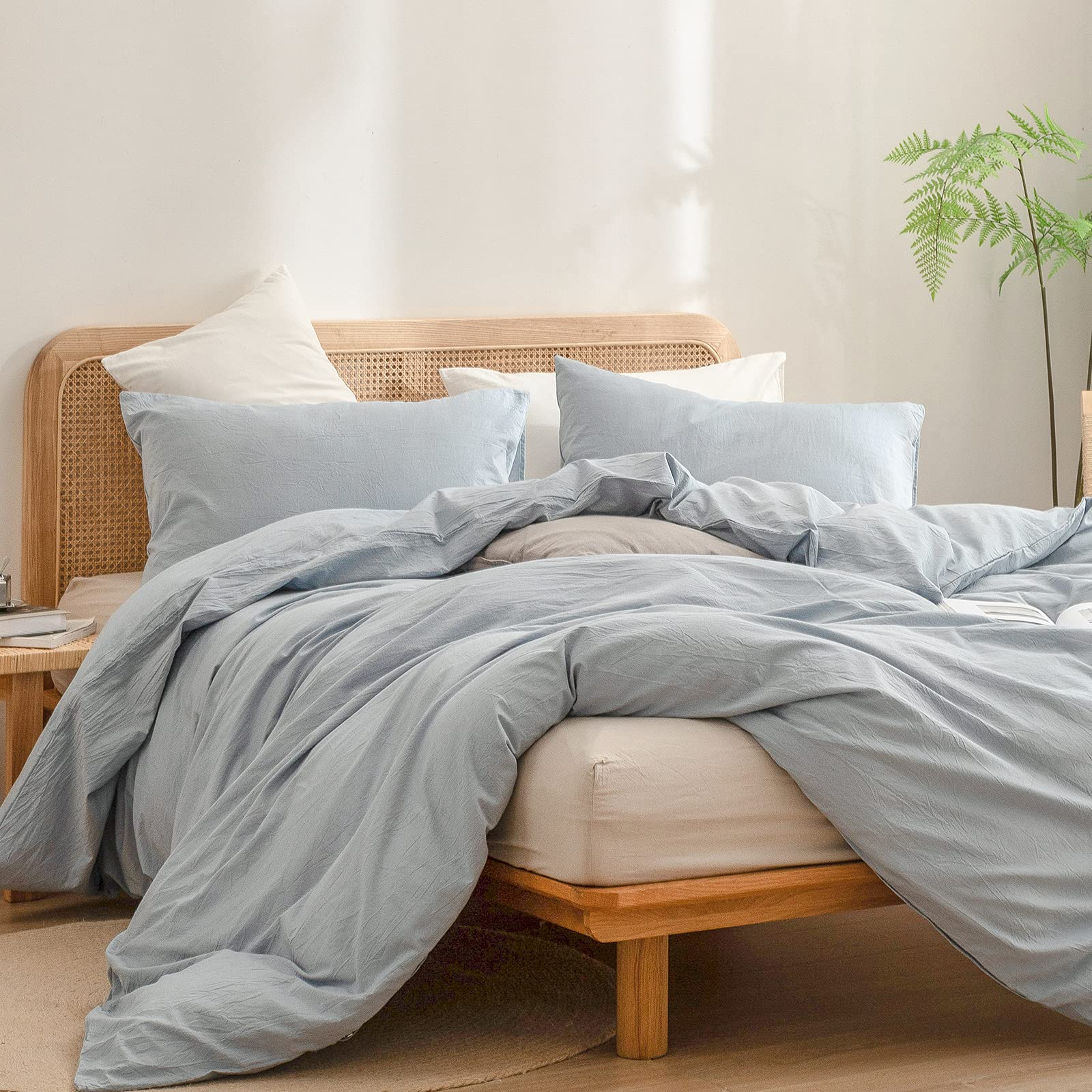 BESTOUCH 掛け布団カバーセット 100% 洗い加工コットン リネン風 超柔らか 快適 シック 軽量 3点セット ホーム寝具セット コーンフラワーブルー クイーン