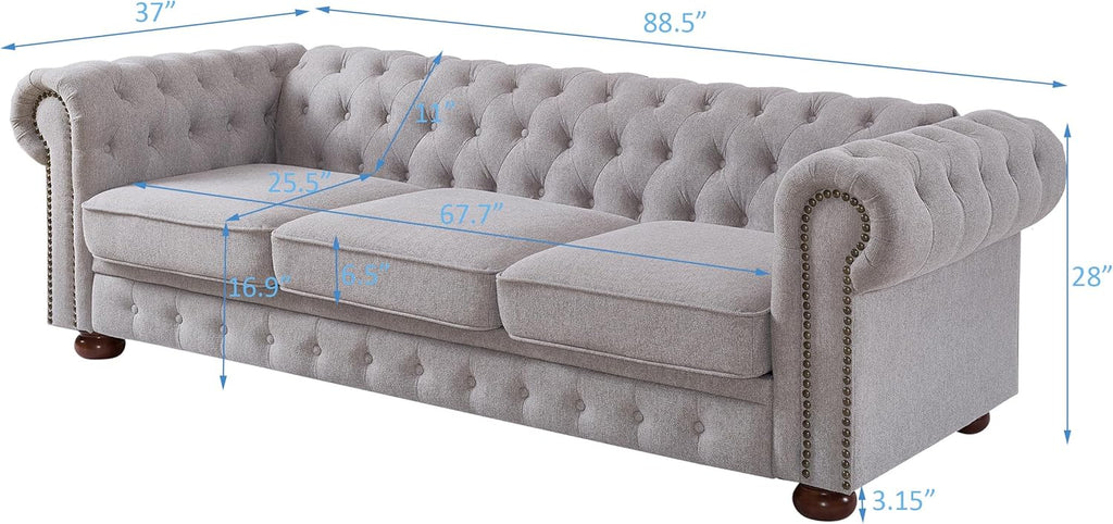 Chesterfield Sofa, 89" Mid Century Modern Loveseat Sofa in Linen Fabric, 3 Seater Couch for Small Spaces, Classic Couch for Bedroom, Living Room and Office, Light Grey