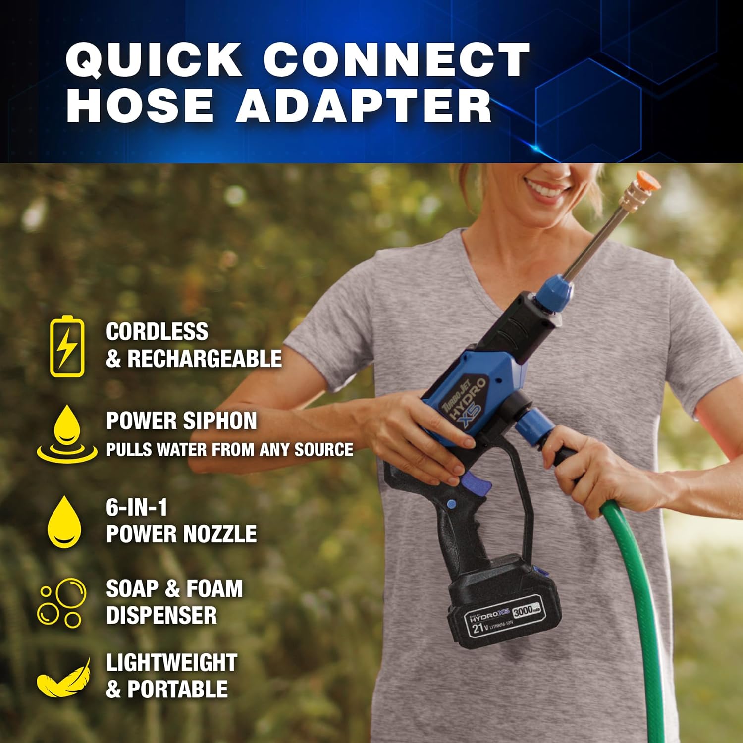 Ontel Turbo Jet HydroX5 Pro Portable Cordless Pressure Washer (21V 3000mAh Battery), 6-in-1 Nozzle, Dual Water Source, 16ft Detachable Hose