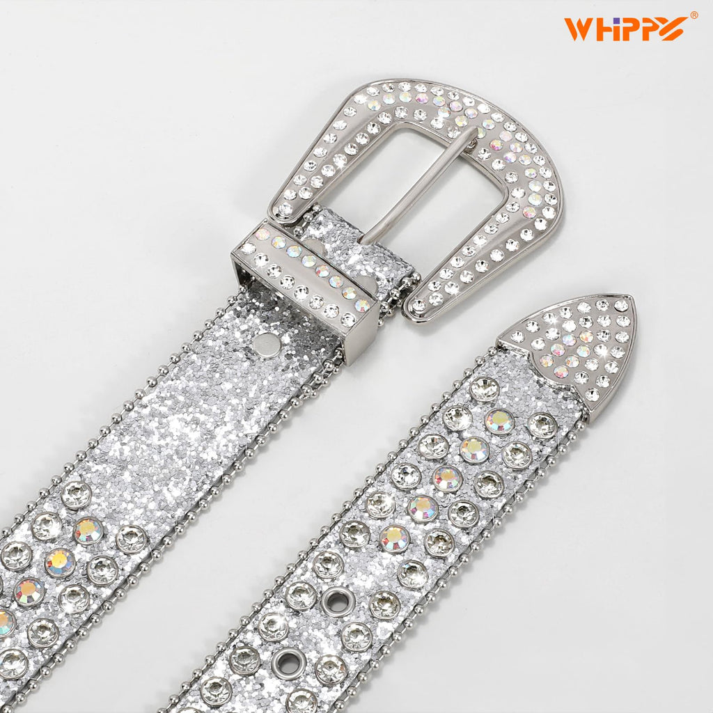 WHIPPY Women Rhinestones Leather Belts Bling Studded Western Cowgirl Waist Belt for Jeans Pants with Removable Buckle, Silver Sequin, S