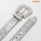 WHIPPY Women Rhinestones Leather Belts Bling Studded Western Cowgirl Waist Belt for Jeans Pants with Removable Buckle, Silver Sequin, S