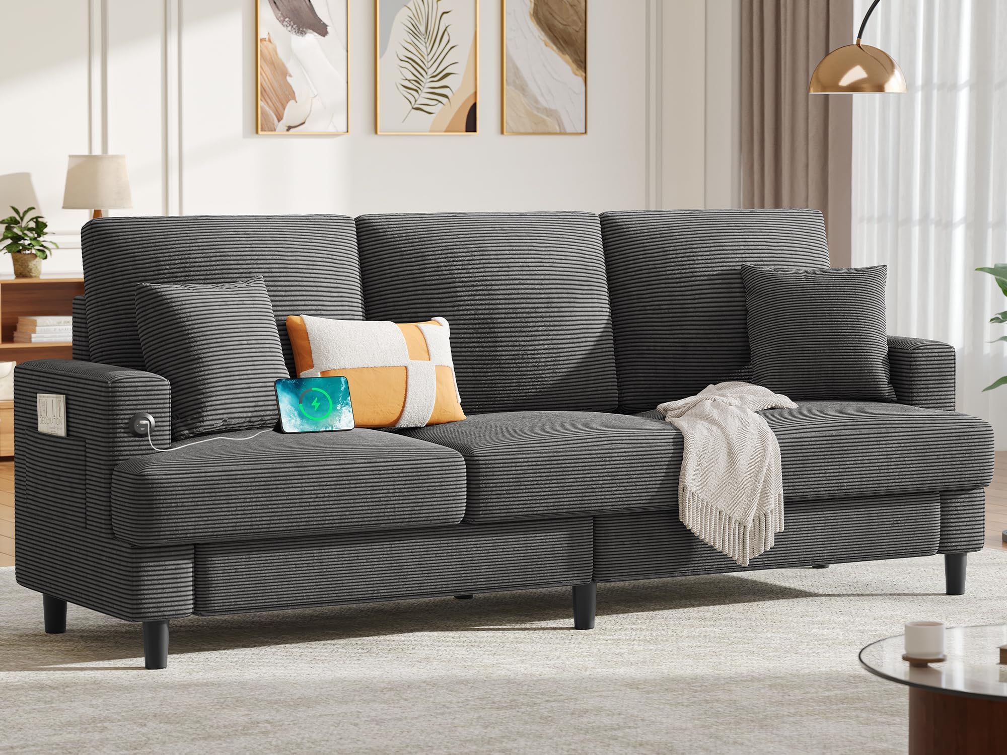 YITAHOME Sectional Sofa with Ottoman, L Shaped Couch Velvet Comfy Modern Sofa 3 Seater Cloud Couch with USB & Type-C Ports for Living Room Apartment, Beige