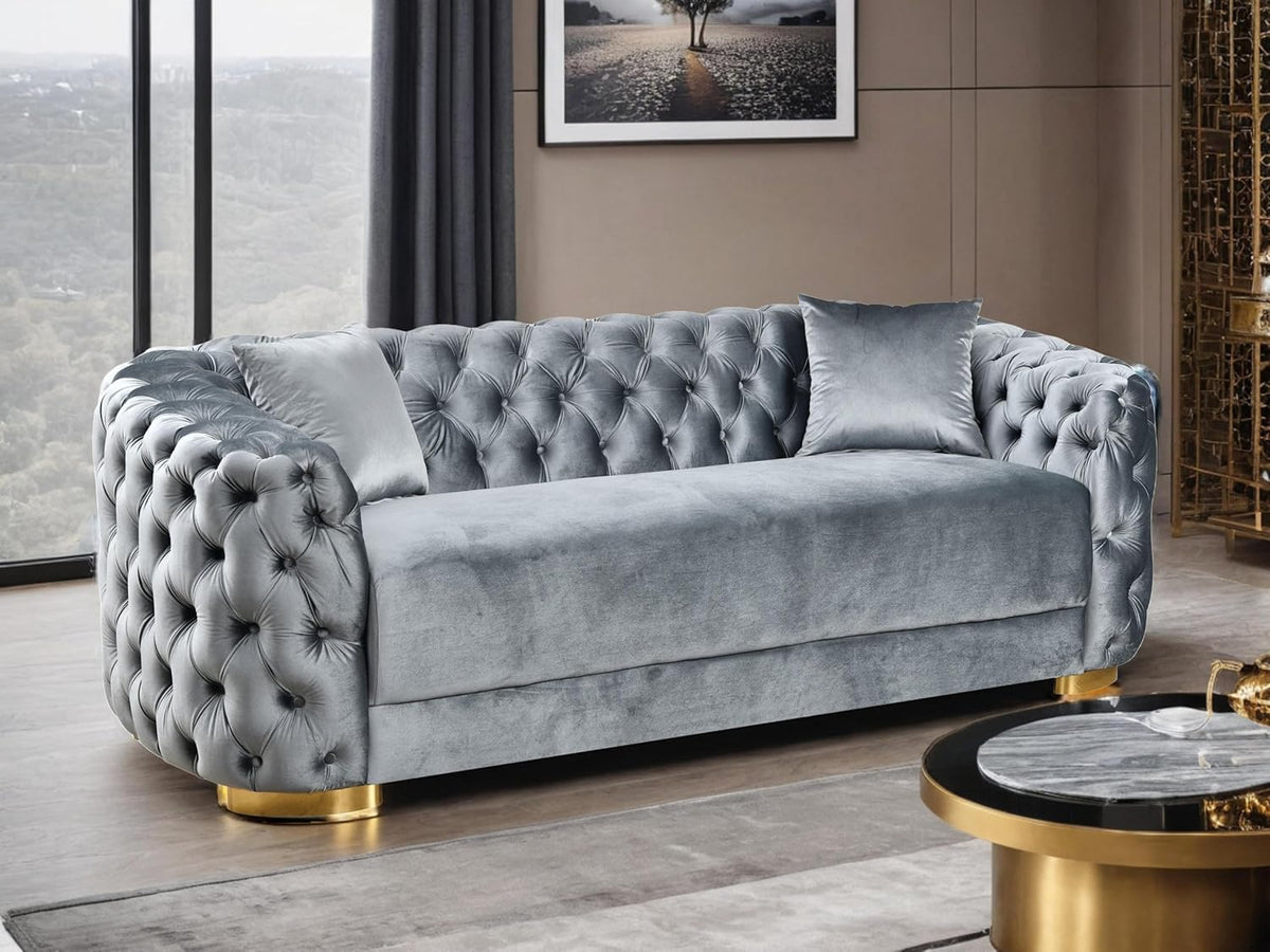 THSUPER 89'' Luxury Velvet Chesterfield Couch, 3 Seater Vintage Button Tufted Victorian Sofa with Wide Armrest, Grey Modern Sofas with 2 Pillows and Gold Metal Legs for Living Room,Office, Hotel