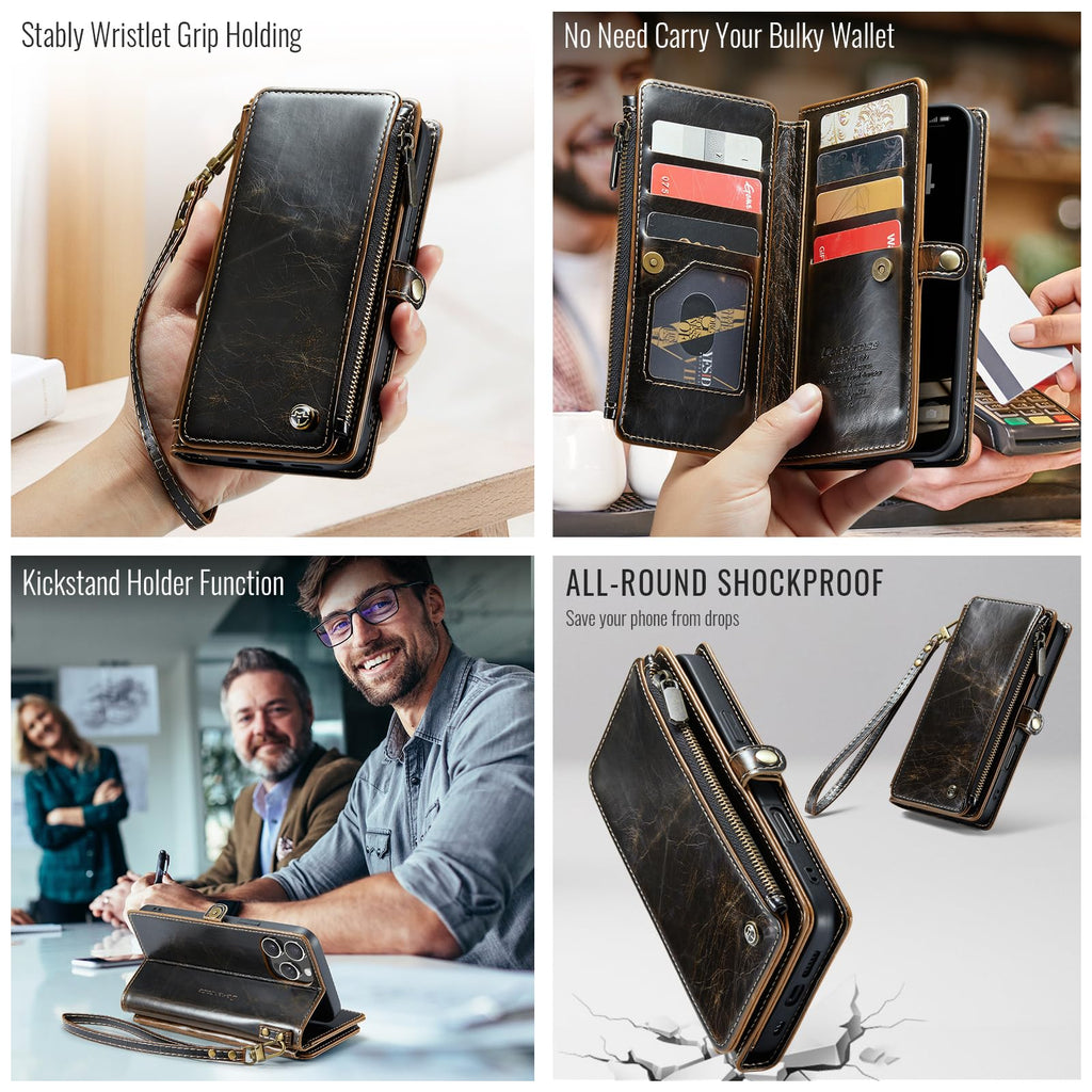 Defencase Compatible with iPhone 13 Pro Max Case Wallet with RFID Blocking Card Holder for Women Men, PU Leather Magnetic Snap Flip Zipper Strap Wallet Phone Case Fit for iPhone 13 Pro Max 6.7, Coffee