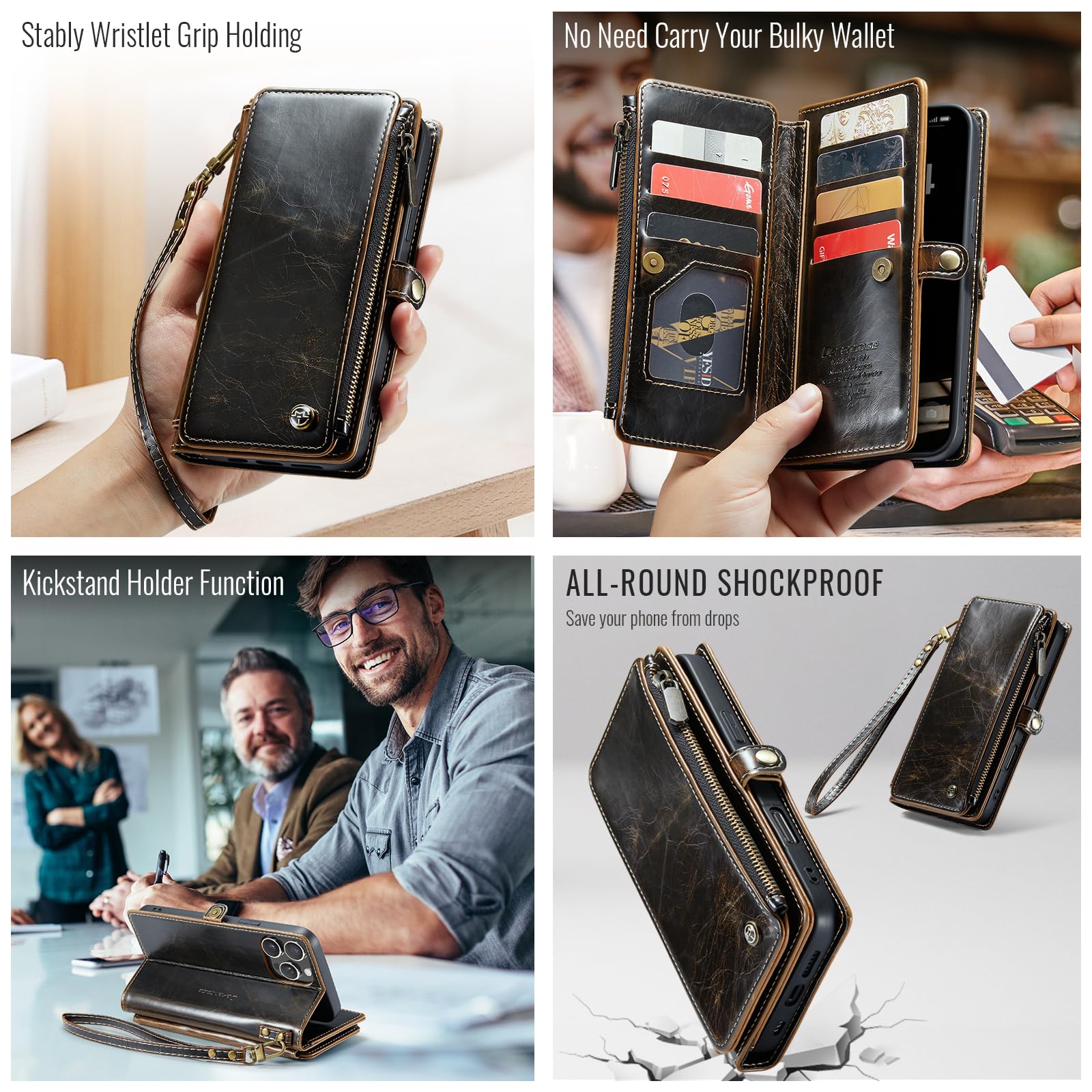 Defencase Compatible with iPhone 13 Pro Max Case Wallet with RFID Blocking Card Holder for Women Men, PU Leather Magnetic Snap Flip Zipper Strap Wallet Phone Case Fit for iPhone 13 Pro Max 6.7, Coffee