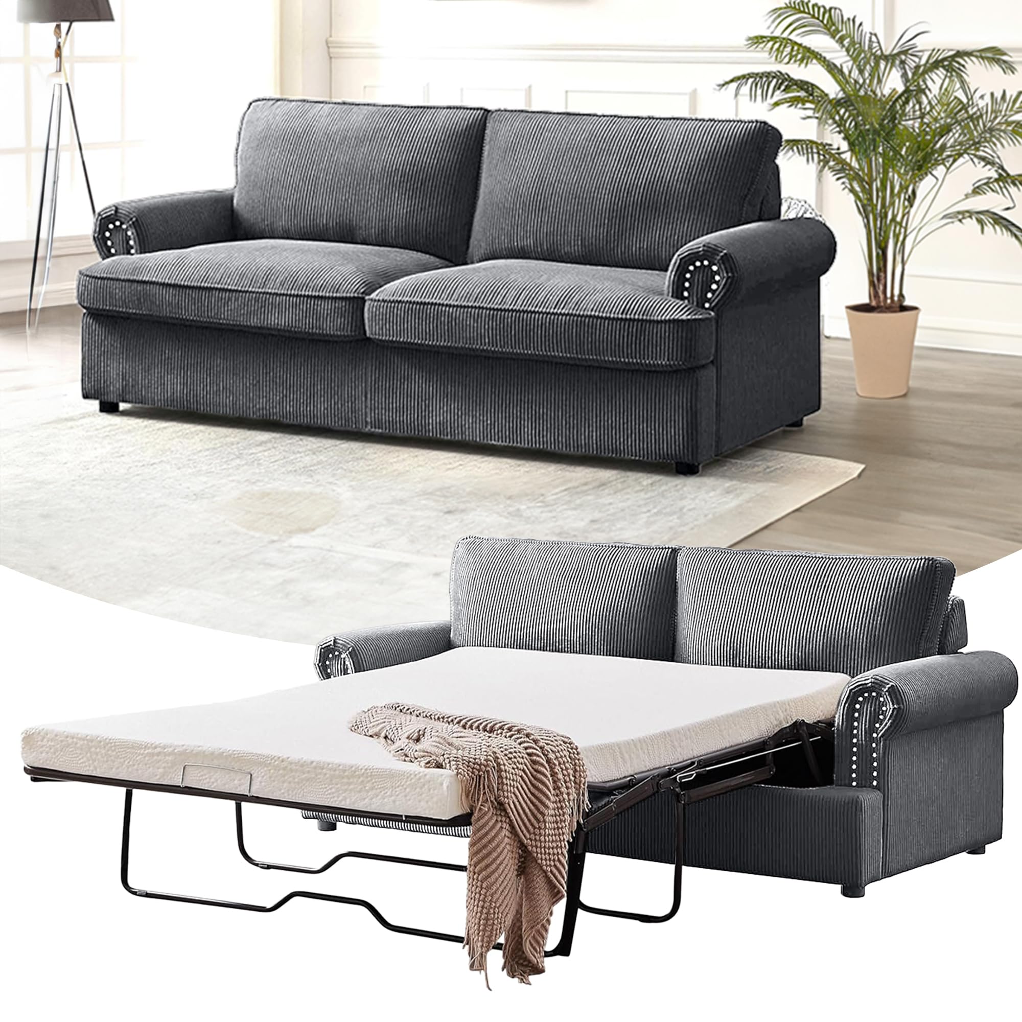 Reversible Sleeper Sofa Bed with Comfortable Memory Foam Mattress, Convertible Corduroy Full Size Pull Out Couch for Living Room, Space Saving Furniture, 70" Wide, Rounded Arms, Dark Green