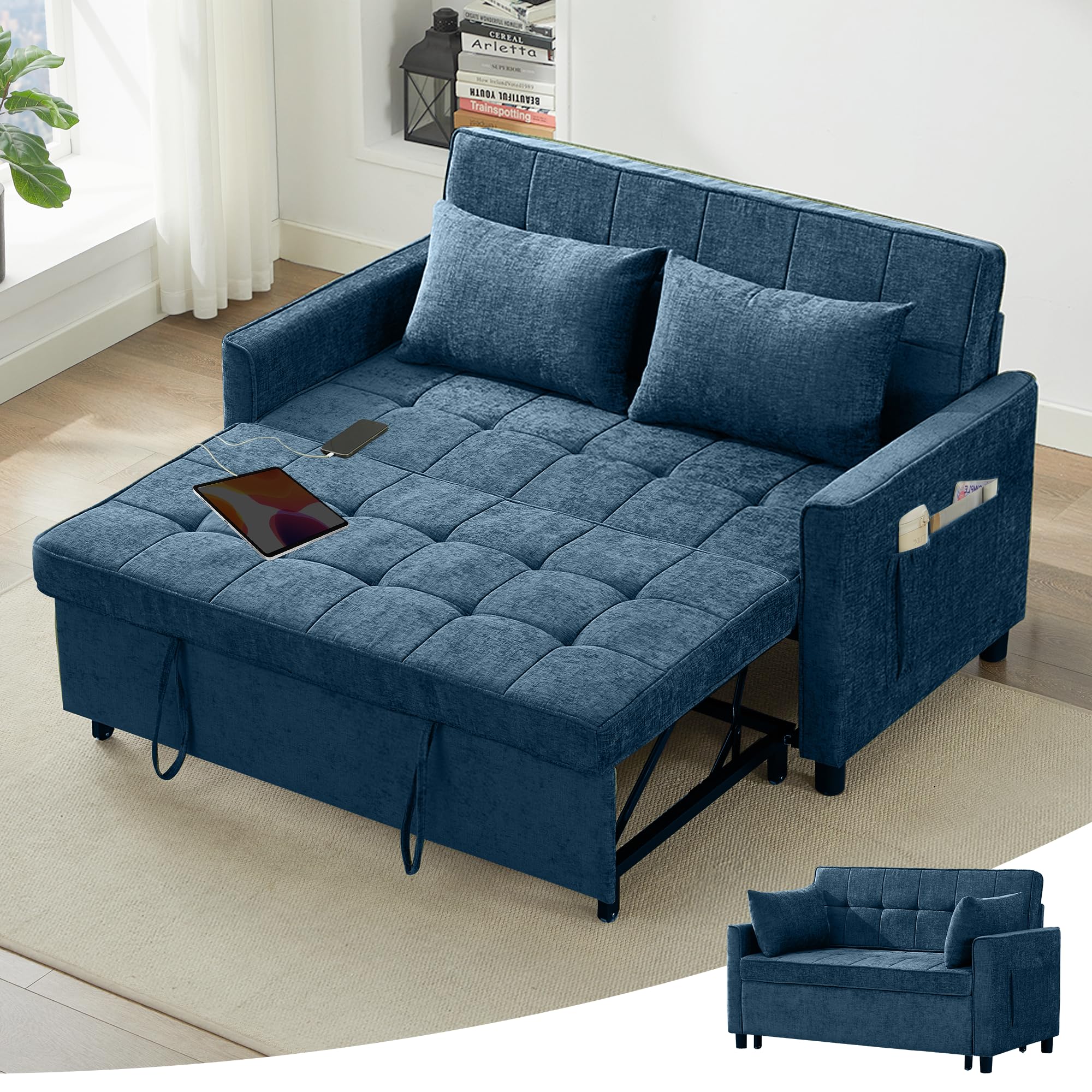 Tbfit 57" Convertible Sofa Bed, Chenille Futon Sleeper Sofa Couch with Pullout Bed, USB & Adjustable Backrest, Queen Size Pull Out Loveseat Couches for Living Room, Apartment, Office, Dorm, Dark Grey