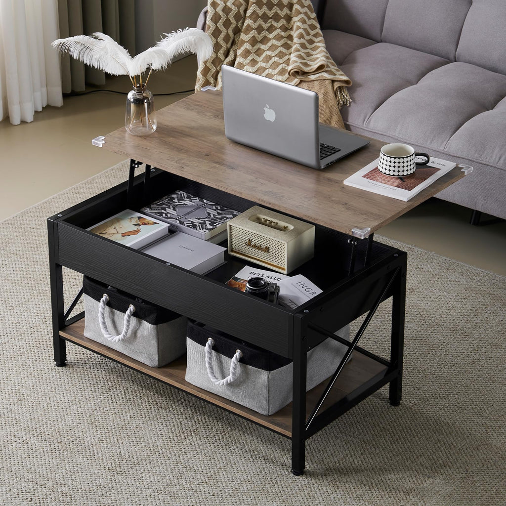 VINGLI 36" Lift Top Coffee Table with Free Cloth Storage Bins, White Walnut Framhouse Coffee Tables for Living Room, Small Modern Coffee Table for Small Space in Minimalistic Style, Dark Walnut