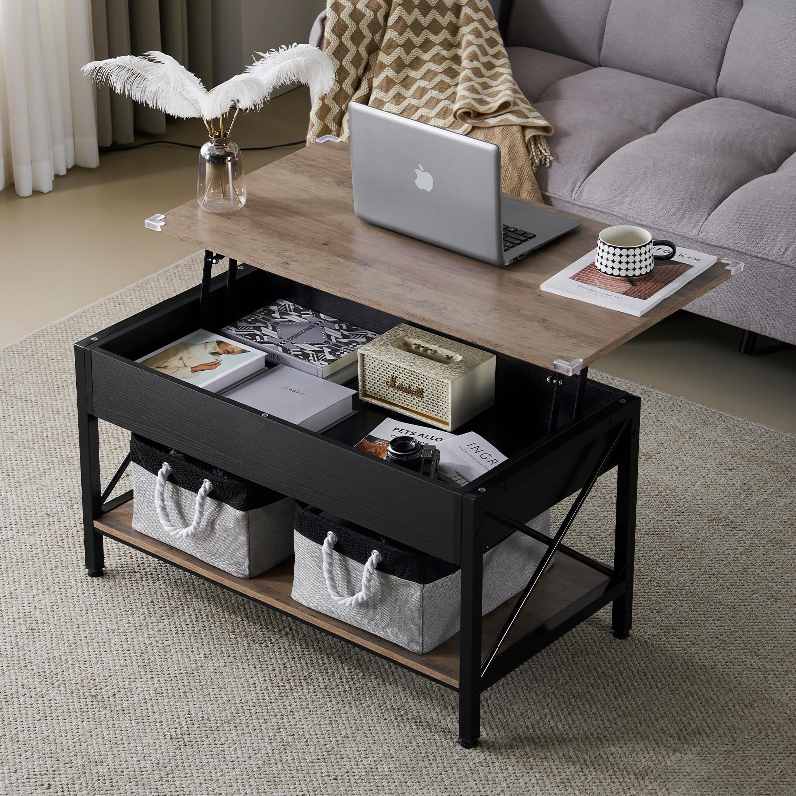 VINGLI 36" Lift Top Coffee Table with Free Cloth Storage Bins, White Walnut Framhouse Coffee Tables for Living Room, Small Modern Coffee Table for Small Space in Minimalistic Style, Dark Walnut