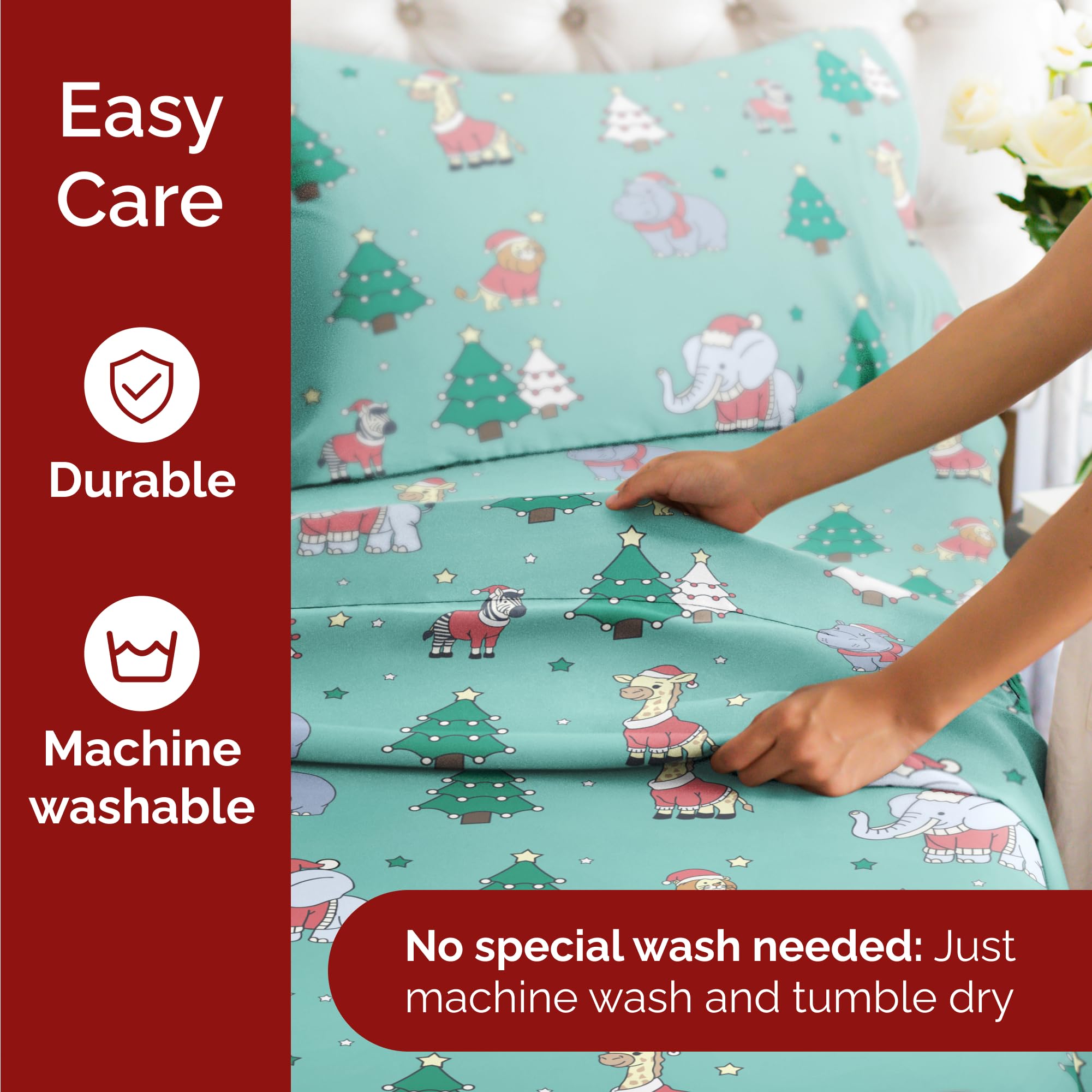 Komplet pościeli King Christmas Tree - Świąteczny wzór Xmas na lnie - Głębokie kieszenie - Dopasowany krój - 4 części - Bez zagnieceń - Wygodna i chłodząca świąteczna pościel zimowa - Łatwa w pielęgnacji - Przyjazna dzieciom