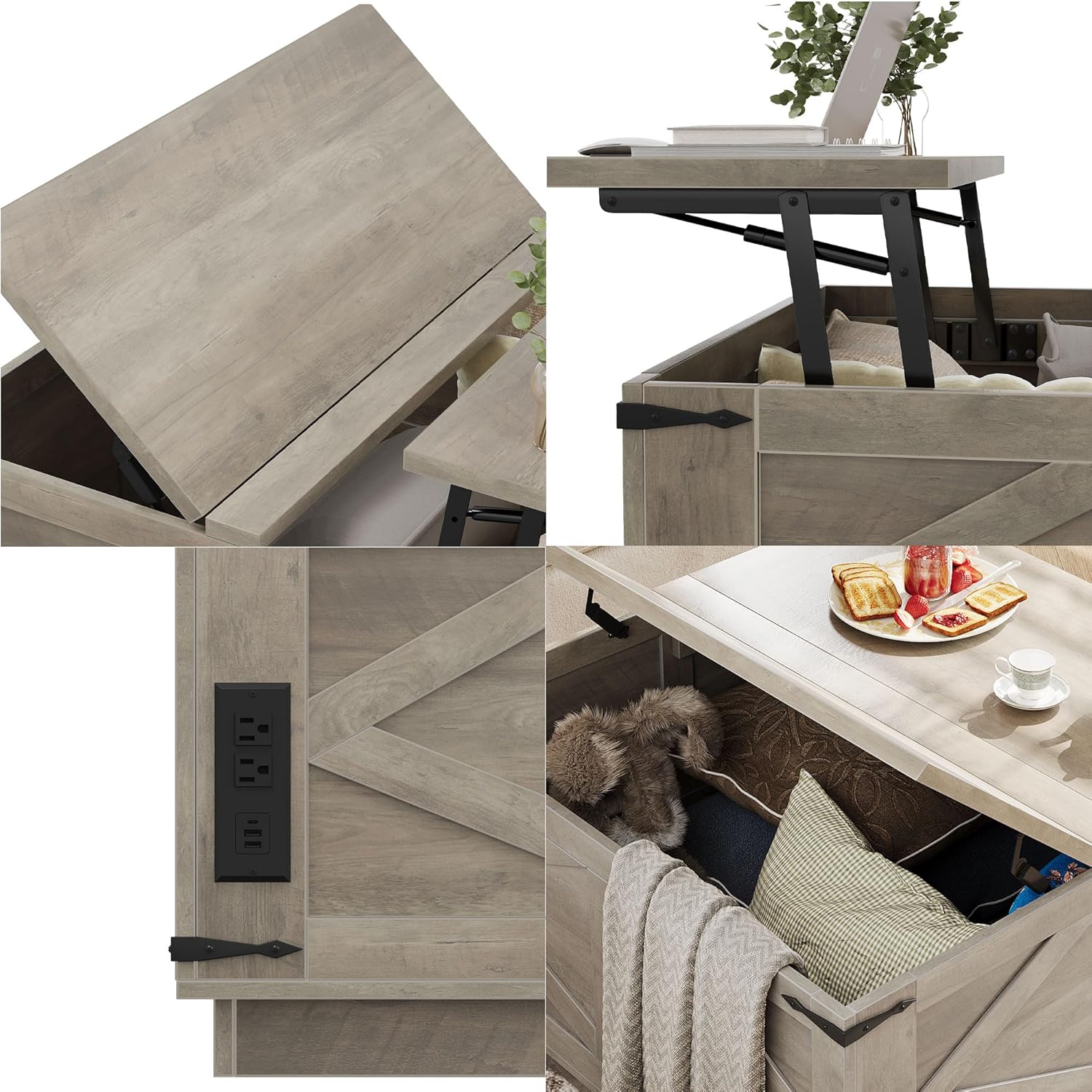 Rustic Grey Farmhouse Lift-Top Coffee Table: Square Wood Center Table with Hidden Storage Compartment, Floating LED Lights & USB-C Charging Station - Living Room Furniture