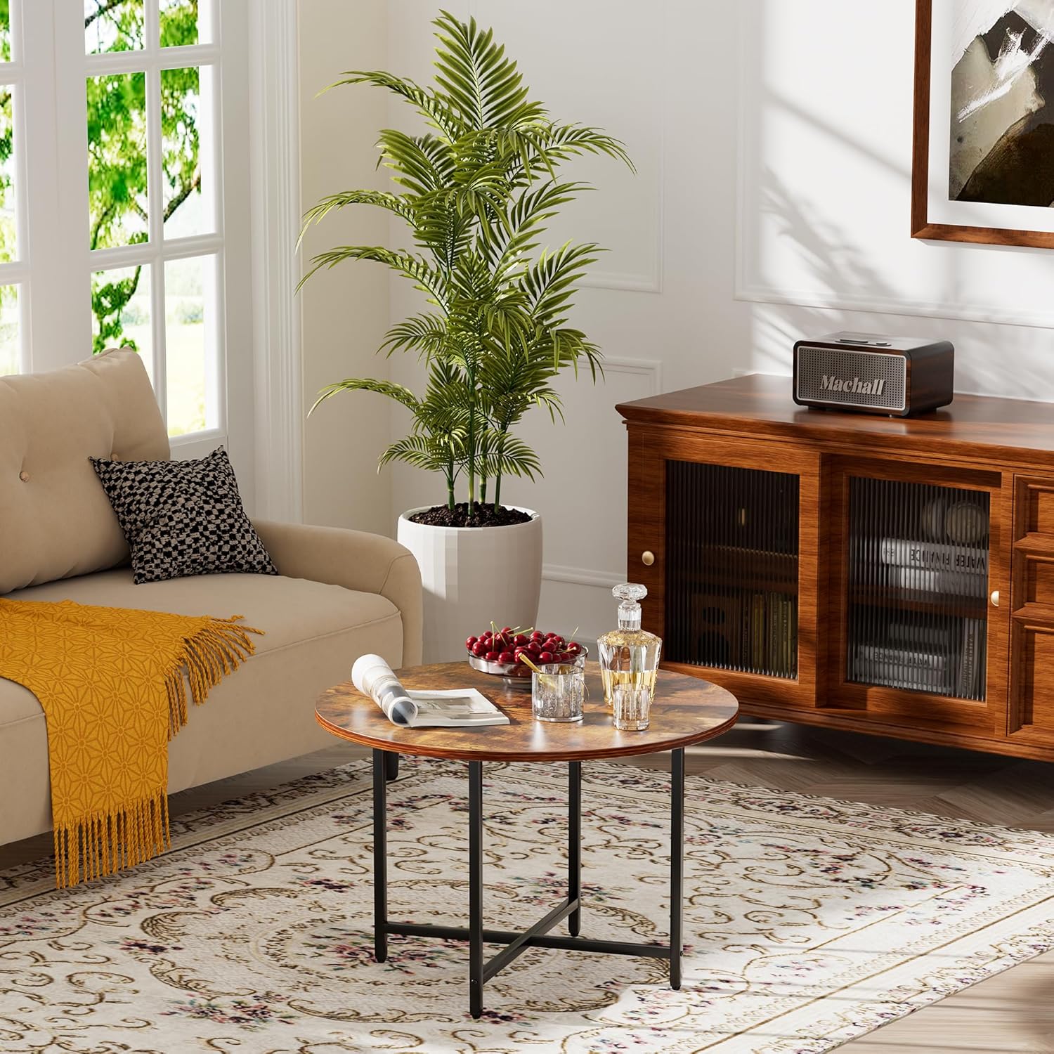 Round Coffee Table, Small Coffee Tables for Living Room, Wood Coffee Table with Metal Frame, Floor Table Desk for Sitting on The Floor, Home, Office, Farmhouse, Rustic Brown (23.6"D x 17.7"H)