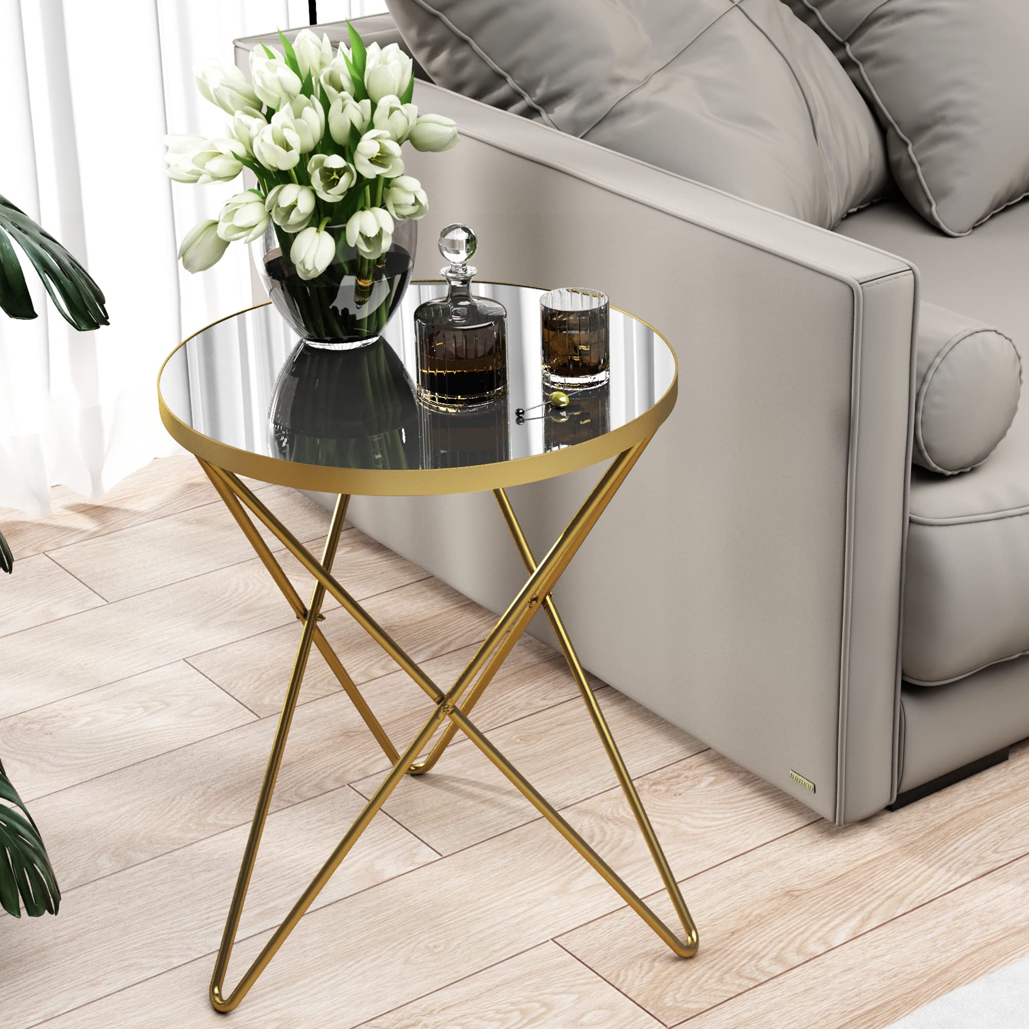 HLR Modern Round Side Table, End Table with Marble Effect Top and Gold Metal Frame, Small Side Table for Living Room, Bedroom, Sofa and Couch, Gold Legs, Green Marble top