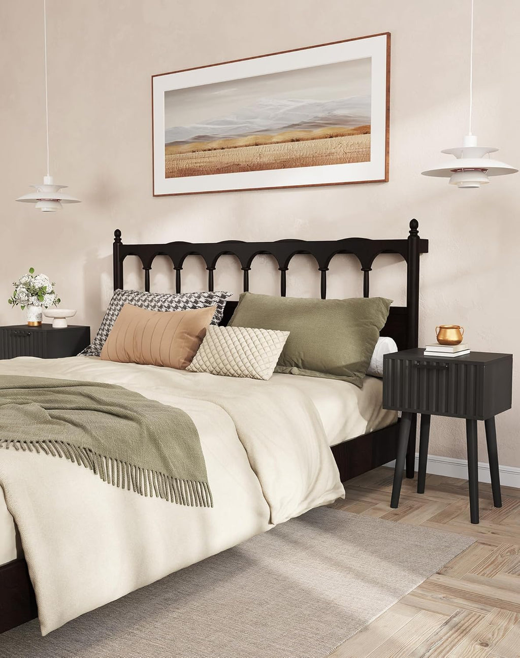 YMYNY Fluted Nightstand Set of 2, Small End Table, Modern Coffee Table with Drawer, Solid Wood Legs, Retaining Chain, 13.8" x 10.6" x 20.9", for Bedroom and Small Spaces, Black UHST014B-2