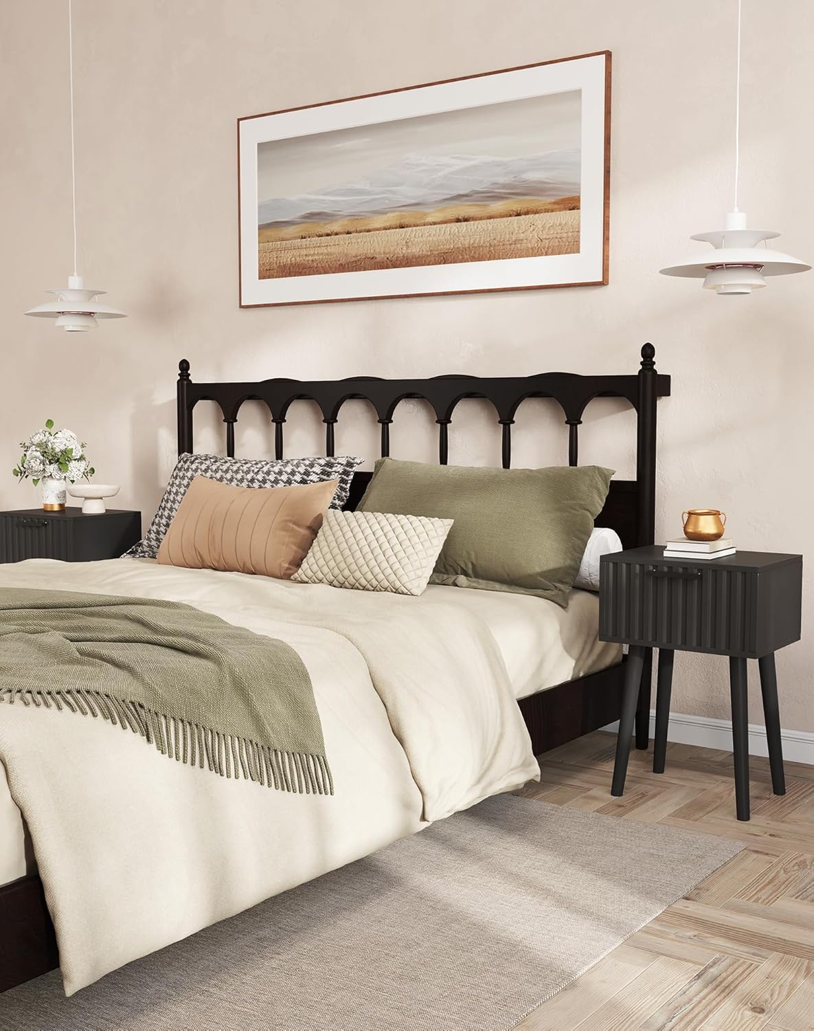 YMYNY Fluted Nightstand Set of 2, Small End Table, Modern Coffee Table with Drawer, Solid Wood Legs, Retaining Chain, 13.8" x 10.6" x 20.9", for Bedroom and Small Spaces, Black UHST014B-2