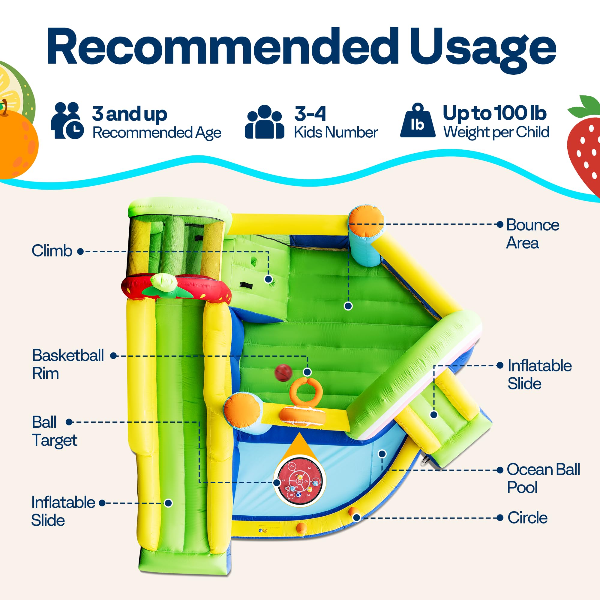 VIVOHOME 7 in 1 Bounce House for Kids, Fruit Theme Inflatable Bouncy Castle with Slide, 12x12 FT Inflated Bouncer for Outdoor with Blower, Basketball, Climb, Jump Area, Ball, Water Pool, Hoop