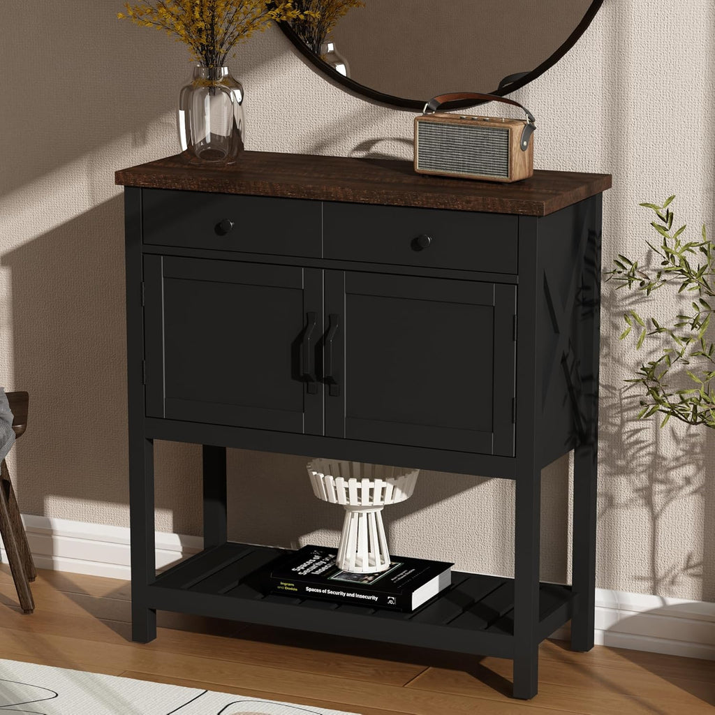 ChooChoo Farmhouse Console Table, Entryway Table with Storage Shelf, Coffee Bar Cabinet, Narrow Buffet Sideboard for Kitchen, Hallway, Living Room, Black