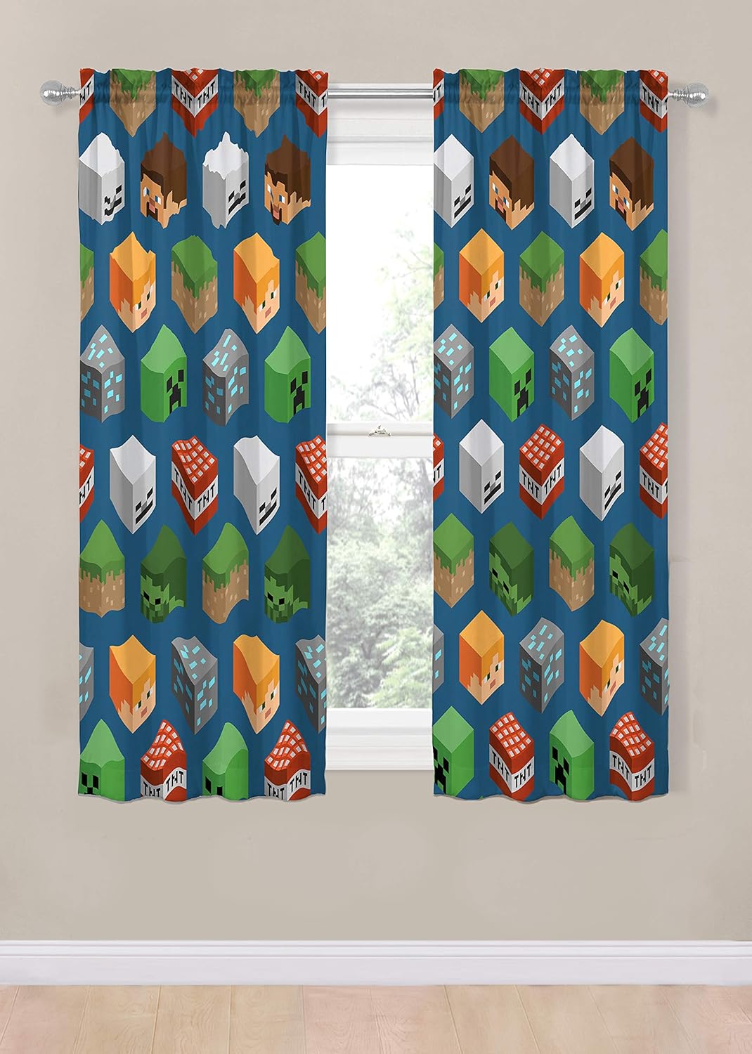 Jay franco Minecraft Isometric Blue 63 in Drapes 4 Piece Set - Beautiful Room Decor&Easy Set Up, Bedding Features Creeper - Window Curtains Include 2 Panels&2 Tiebacks (Official Minecraft Product)