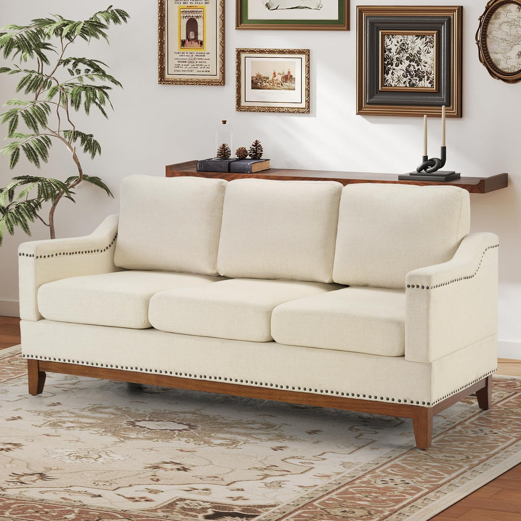 4-Piece Living Room Sofa Set with Coffee Table, Vintage Rivet Couch Sets with Solid Wood Legs, Chenille Sofas Furniture of Ottoman with Storage Space, Armchair, Loveseat and 3-Seat Sofa