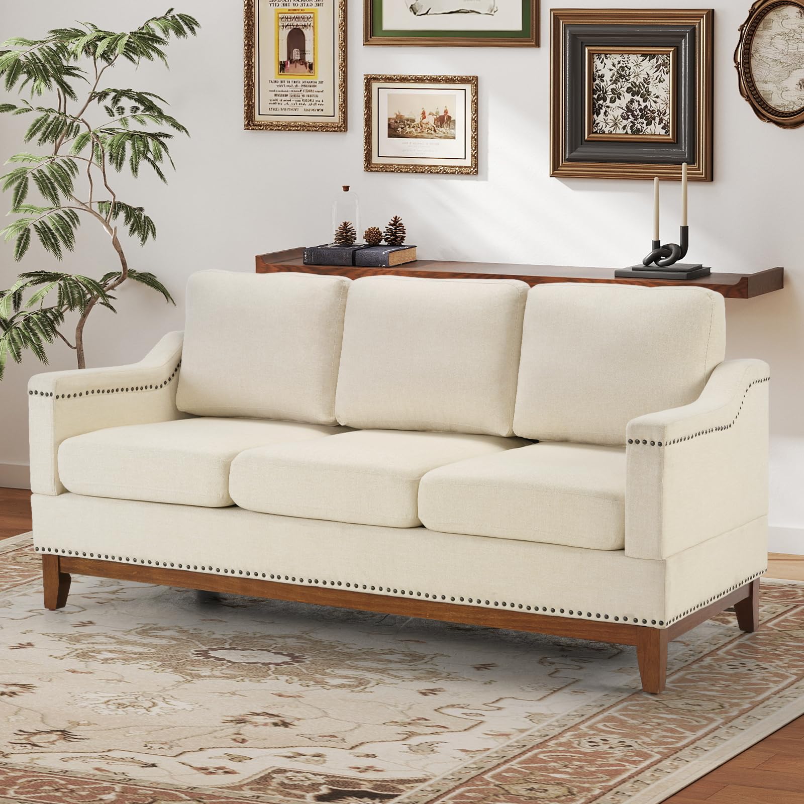 4-Piece Living Room Sofa Set with Coffee Table, Vintage Rivet Couch Sets with Solid Wood Legs, Chenille Sofas Furniture of Ottoman with Storage Space, Armchair, Loveseat and 3-Seat Sofa