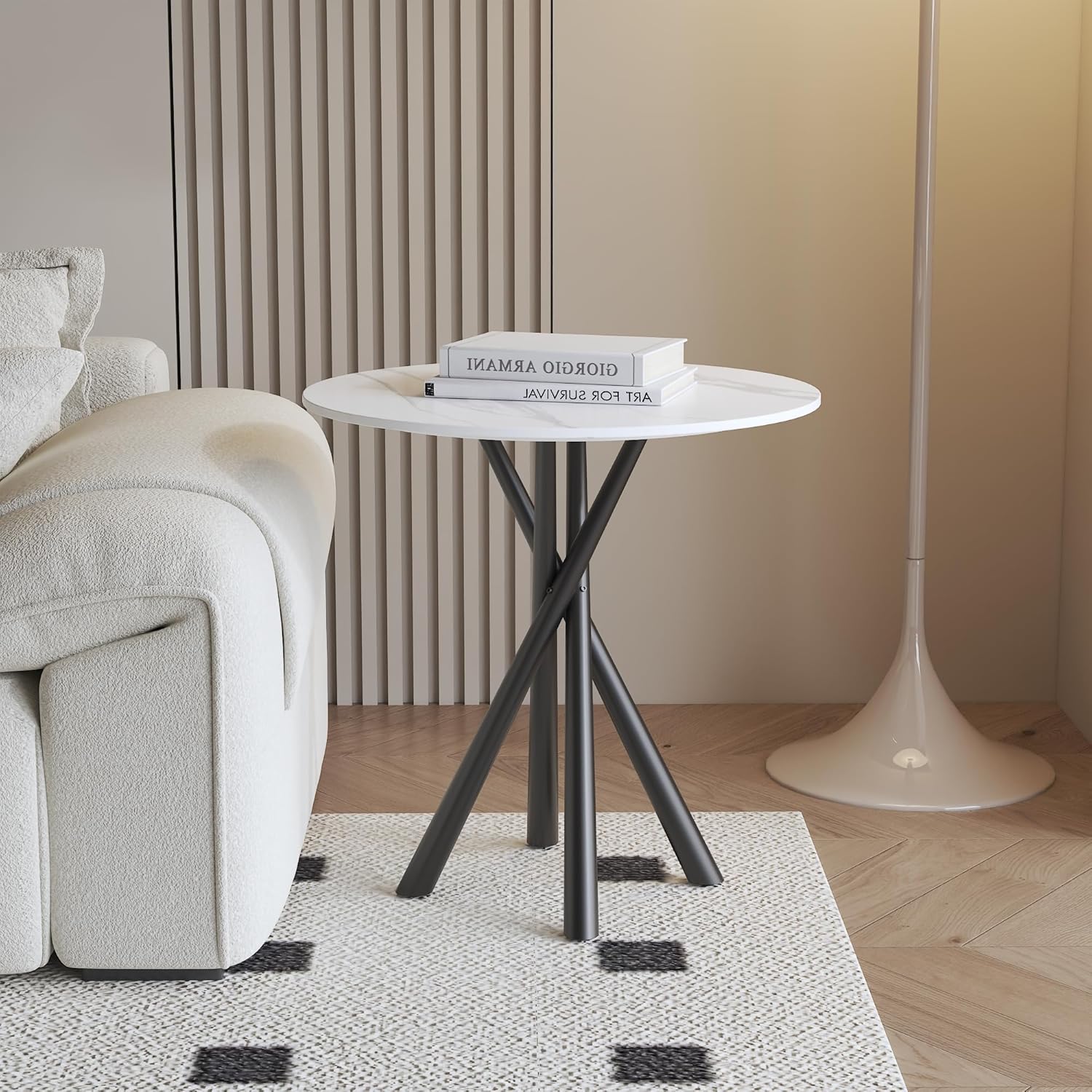 Round White Marble Side Table Set of 2, Modern End Table with Sintered Stone Top and Black Metal Legs, Sofa Coffee Table for Living Room Apartment (20" x 20" x 22")