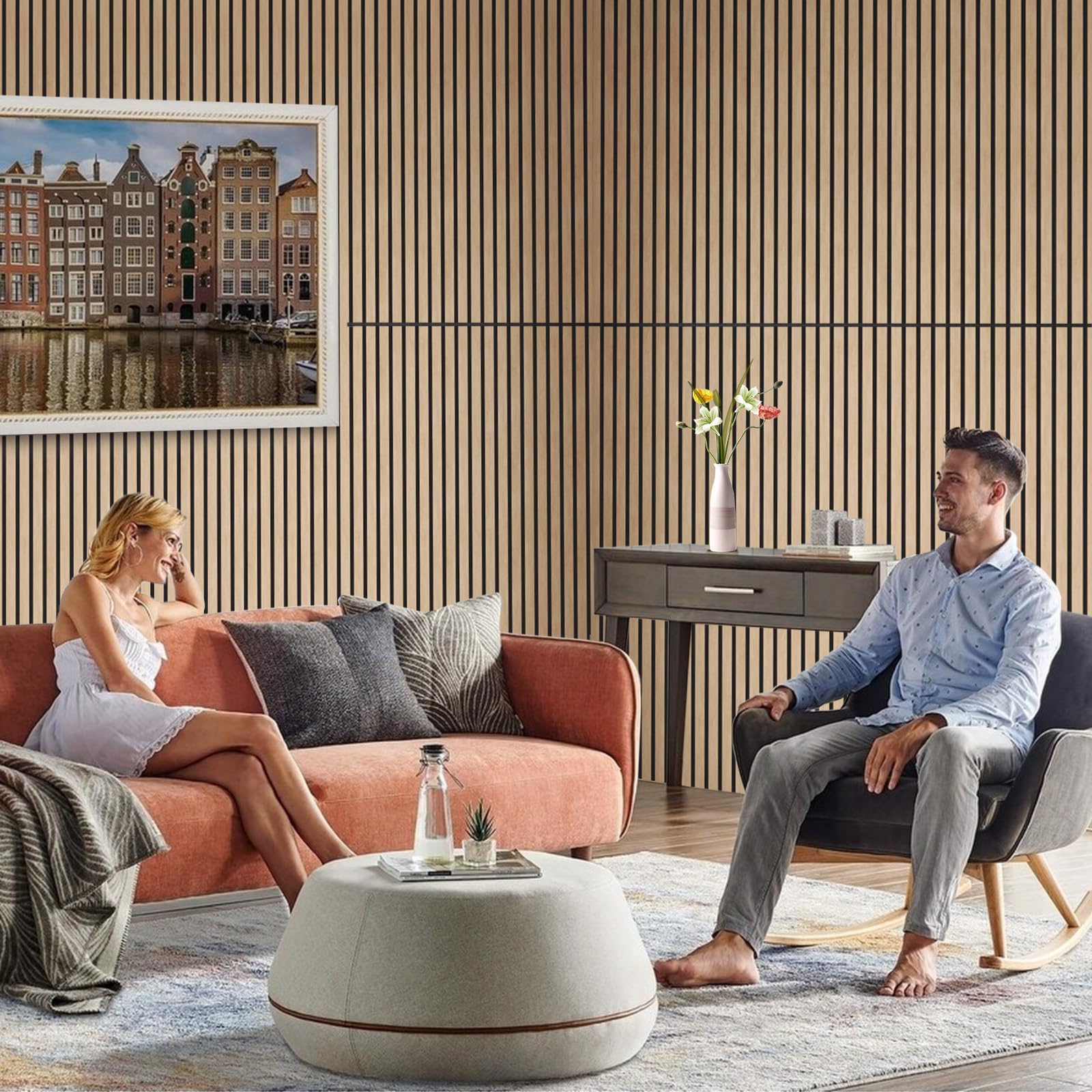 SOCBAZZAR Wood Slat Acoustic Panels for Wall and Ceiling, 3D Fluted Wood Veneer Paneling, 47.3" x 23.6" Each Soundpoof Wooden Slat Wall Panel - White Oak, 4 Pack