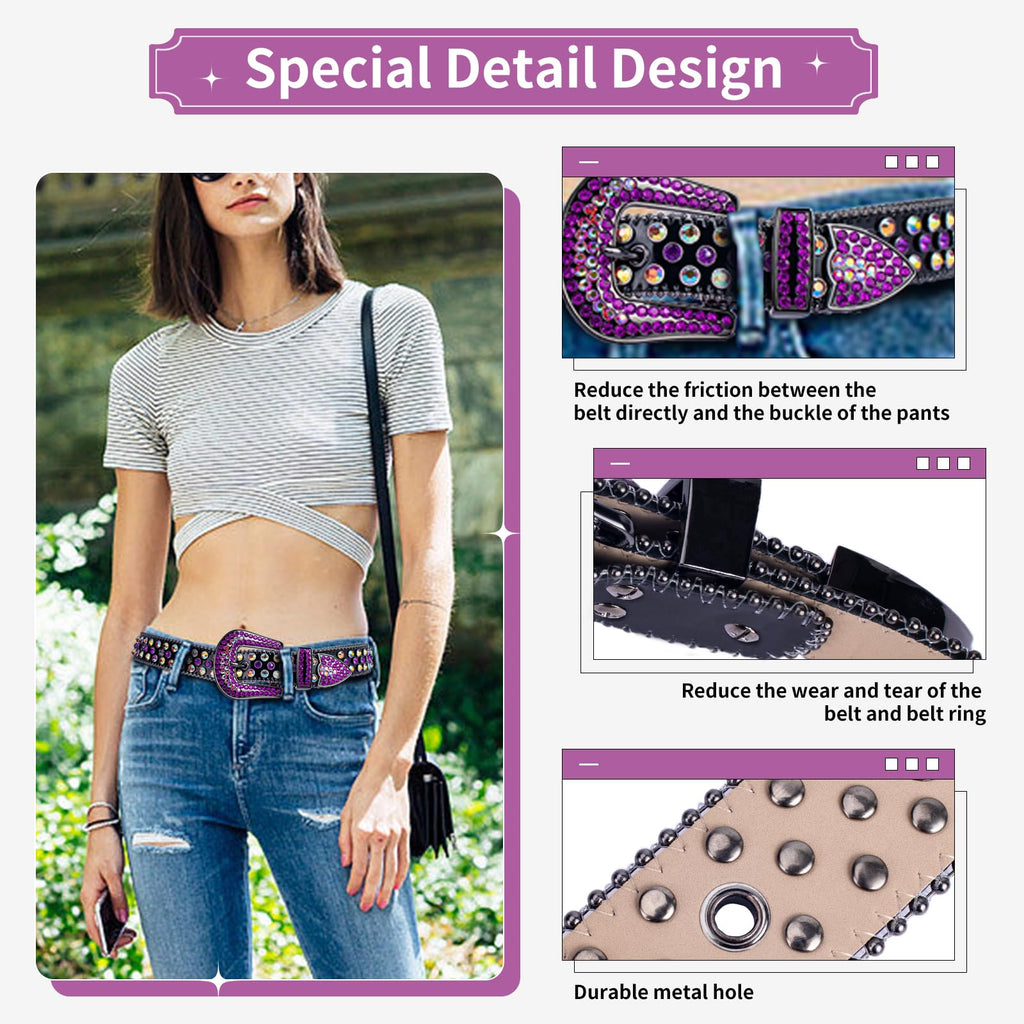 TINIDI Luxury Strap Men Women Rhinestones Belt Western Bling Bling Crystal Diamond Studded Belts(Black Purple, Fit Waist 30-32 inches)