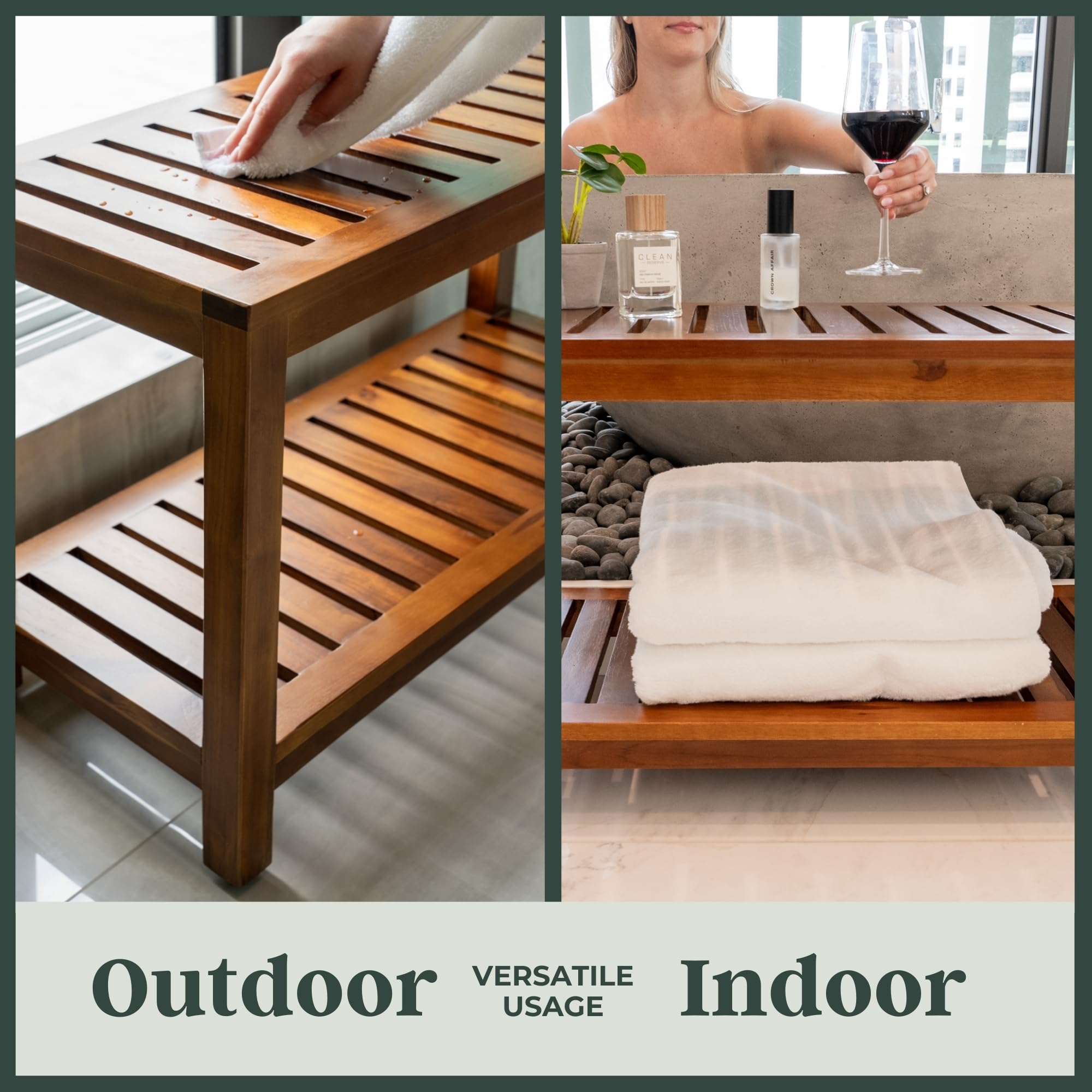 Teak Wood Shower Bench - 30 Inch Fully Assembled Bench with Shelf | Water Resistant, Non-Slip Adjustable Feet for Inside Shower