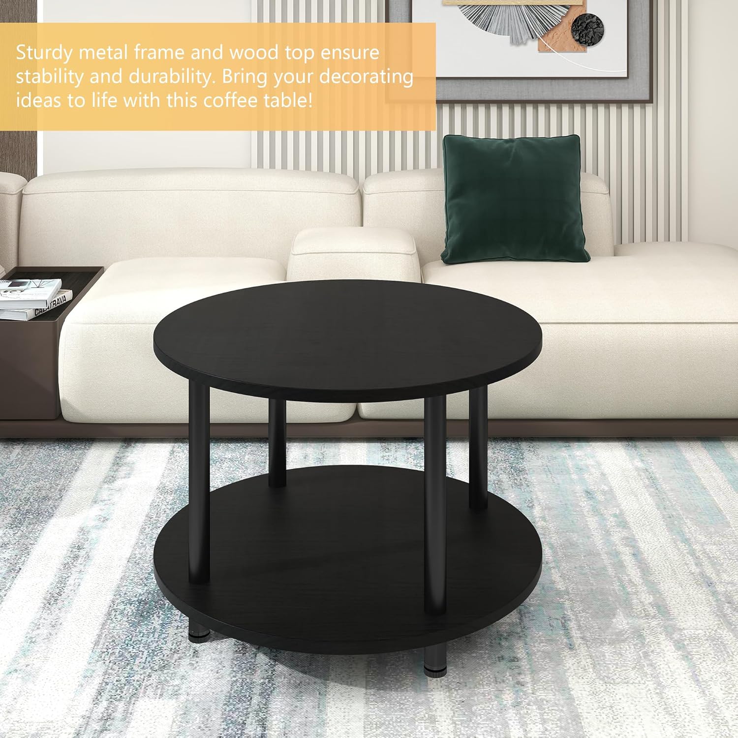 23.6" Round Coffee Table, 2-Tier Small Circle Coffee Table with Storage, Modern Center Accent Table with Metal Frame, Side Table End Table for Small Space, Living Room, Office, Black