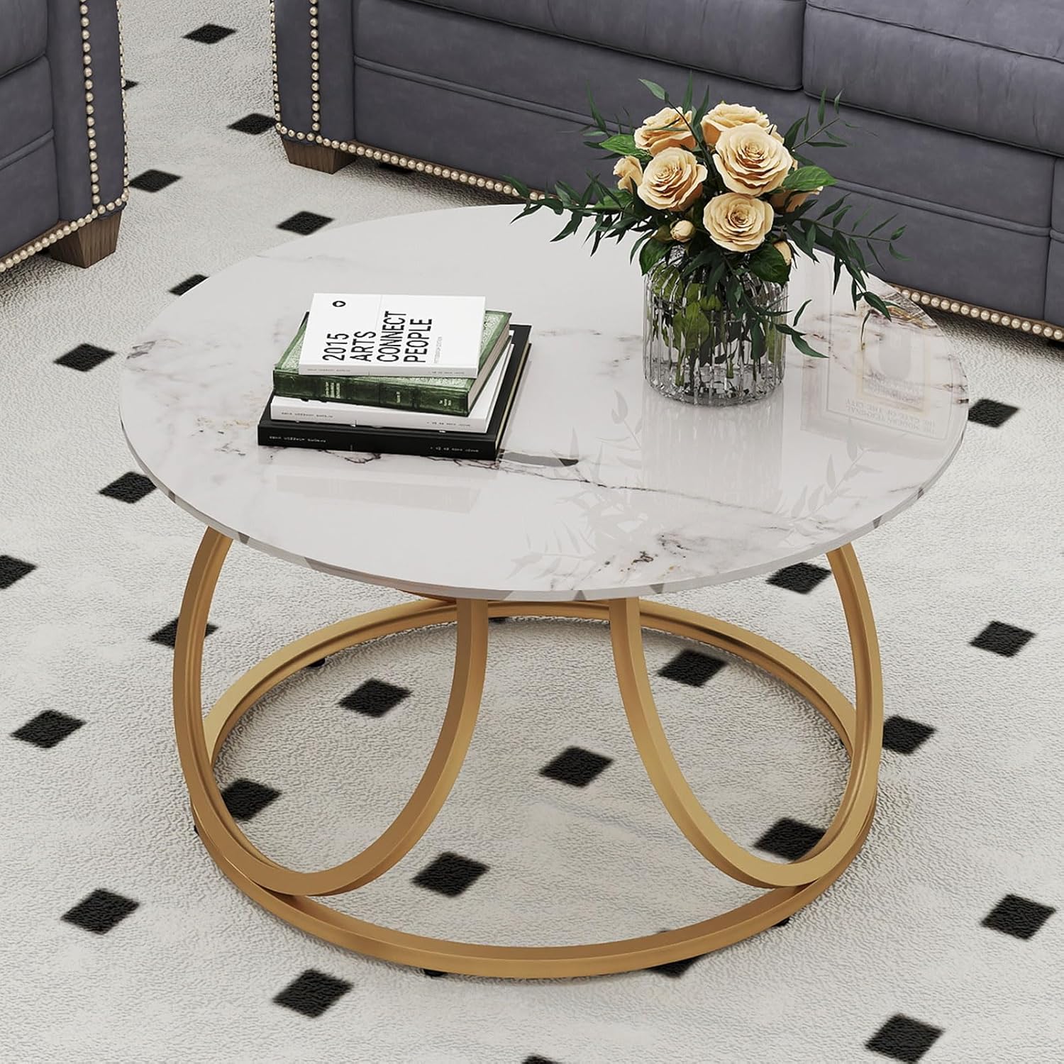 OIOG Round Coffee Table for Living Room, Modern Coffee Table with Marbling Natural Stone, Gold & White