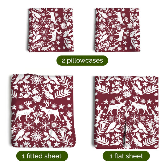 King Christmas Tree Sheet Set - Holiday Xmas Pattern Linen Set - Deep Pockets - Snug Fit - 4 Piece - Wrinkle Free - Comfy & Cooling Festive Winter Bedding - Easy To Care For - Kid Friendly