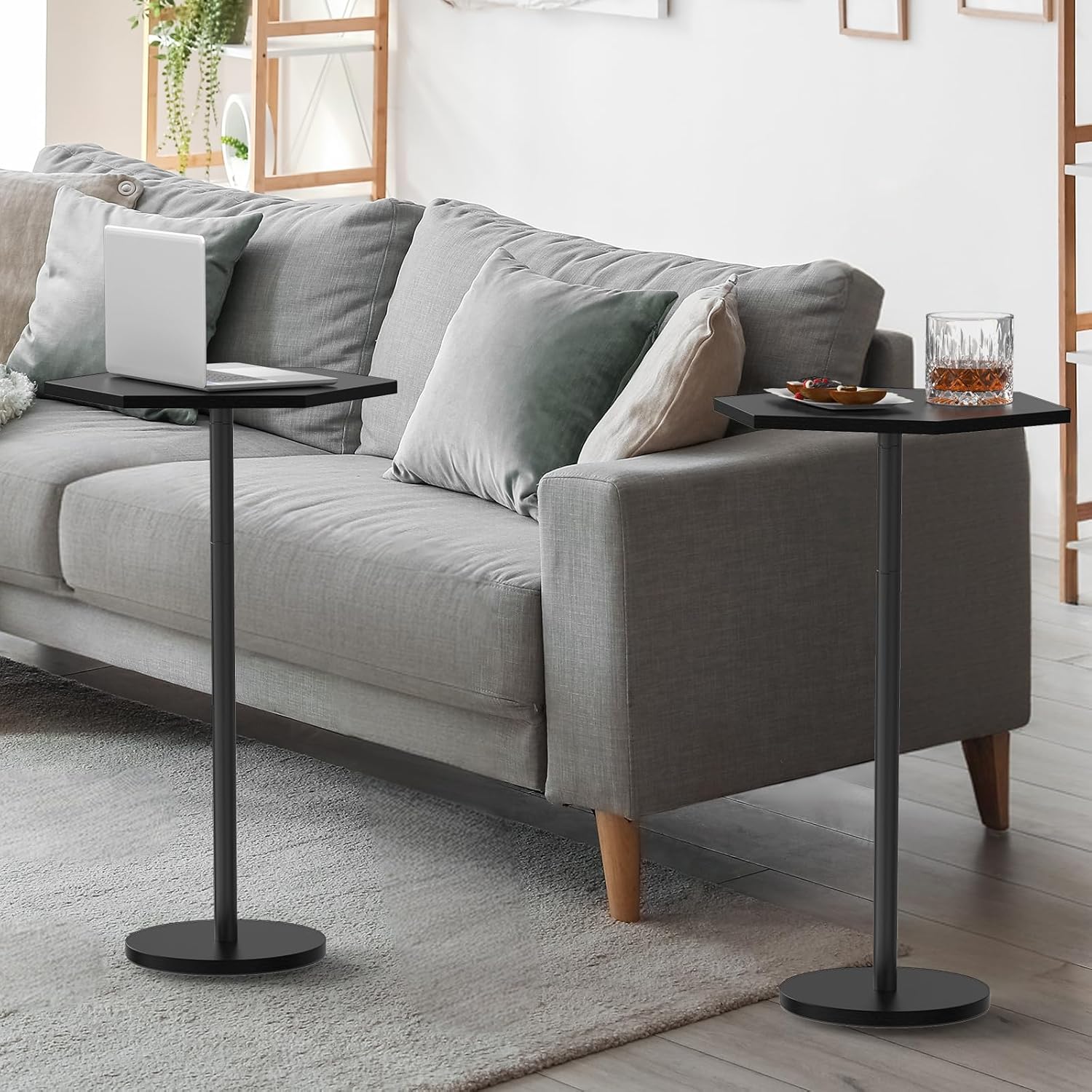 Drink Tables for Small Spaces, Black Pedestal Side Table for Couch, Modern Cocktail Martini Table, Hexagon Small Pedestal Coffee End Table for Living Room Bedroom Patio