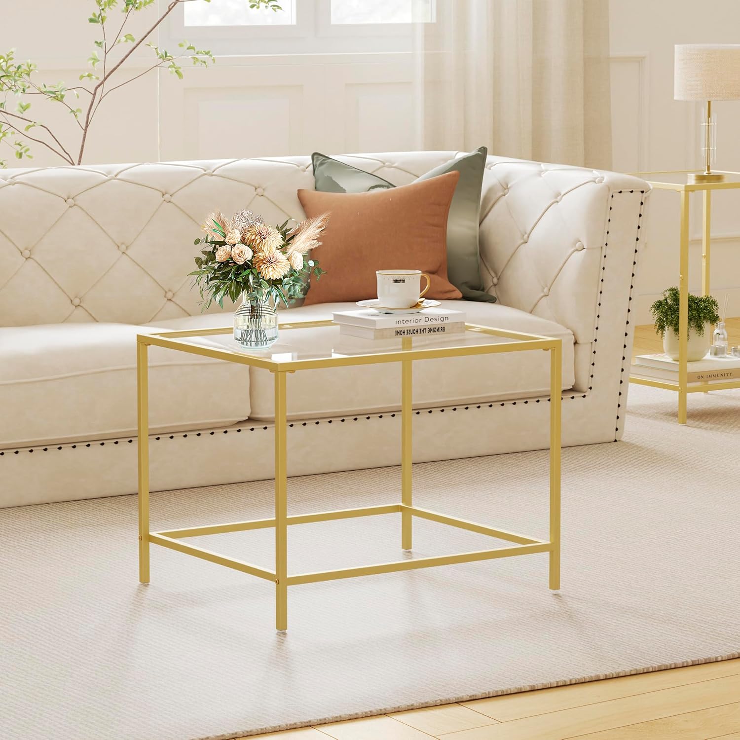 Glass Coffee Table, Modern Rectangular Coffee Table for Living Room, Minimalist Center Tea Table with Sturdy Metal Frame for Apartment, Office, Easy Assembly, 23.6 x 19.7 x 17.7 Inches, Golden