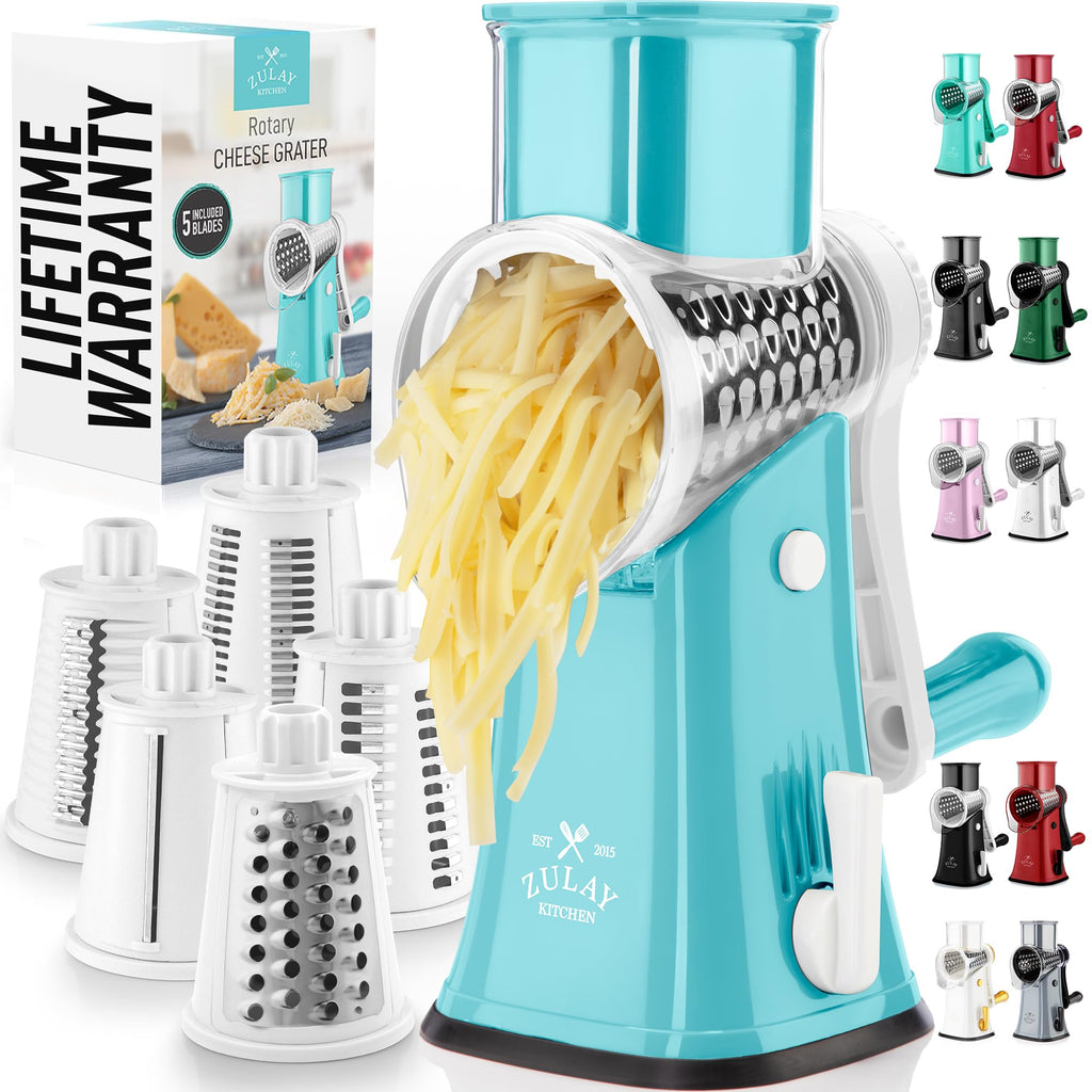 Zulay Rotary Cheese Grater 3 Blade Cheese Shredder - Manual Hand Crank Cheese Grater With Reinforced Suction & 3 Interchangeable Drums - Easy to Use Vegetable Chopper - Black