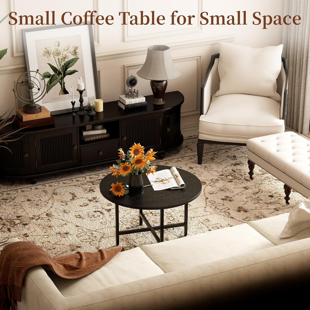 Coffee Table, 23.6" Small Coffee Tables, Black Round Coffee Tables for Living Room, Floor Table for Sitting on The Floor, Center Coffee Table with Metal Frame for Office Apartment Home