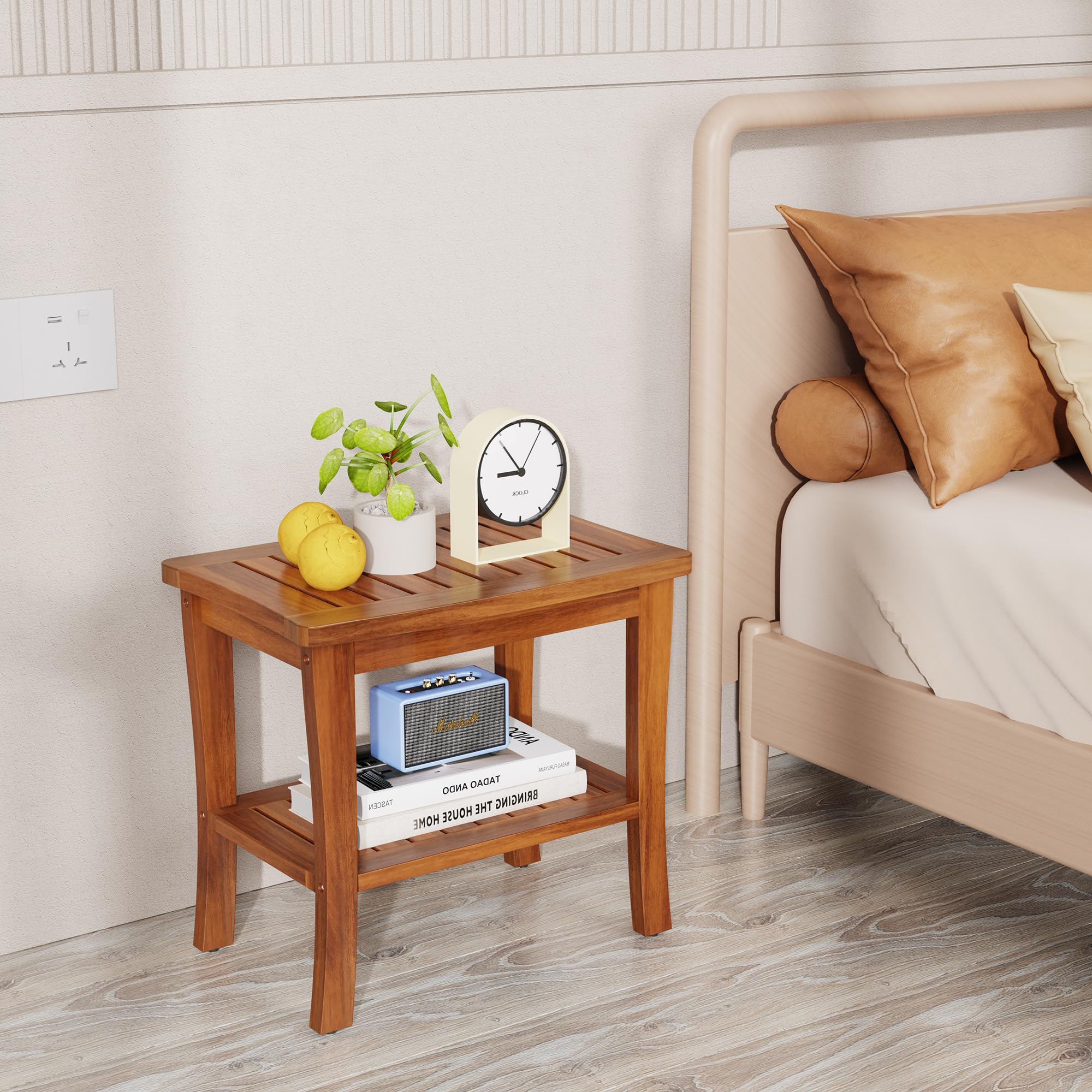 Greenual Teak Wood Shower Bench Stool with Storage Shelf, Wooden Waterproof Bathroom Spa Bathing Teak Shower Stool with Non-Slip Feet Gadget 2024 for Indoor or Outdoor Shower Chair Seat Organizer