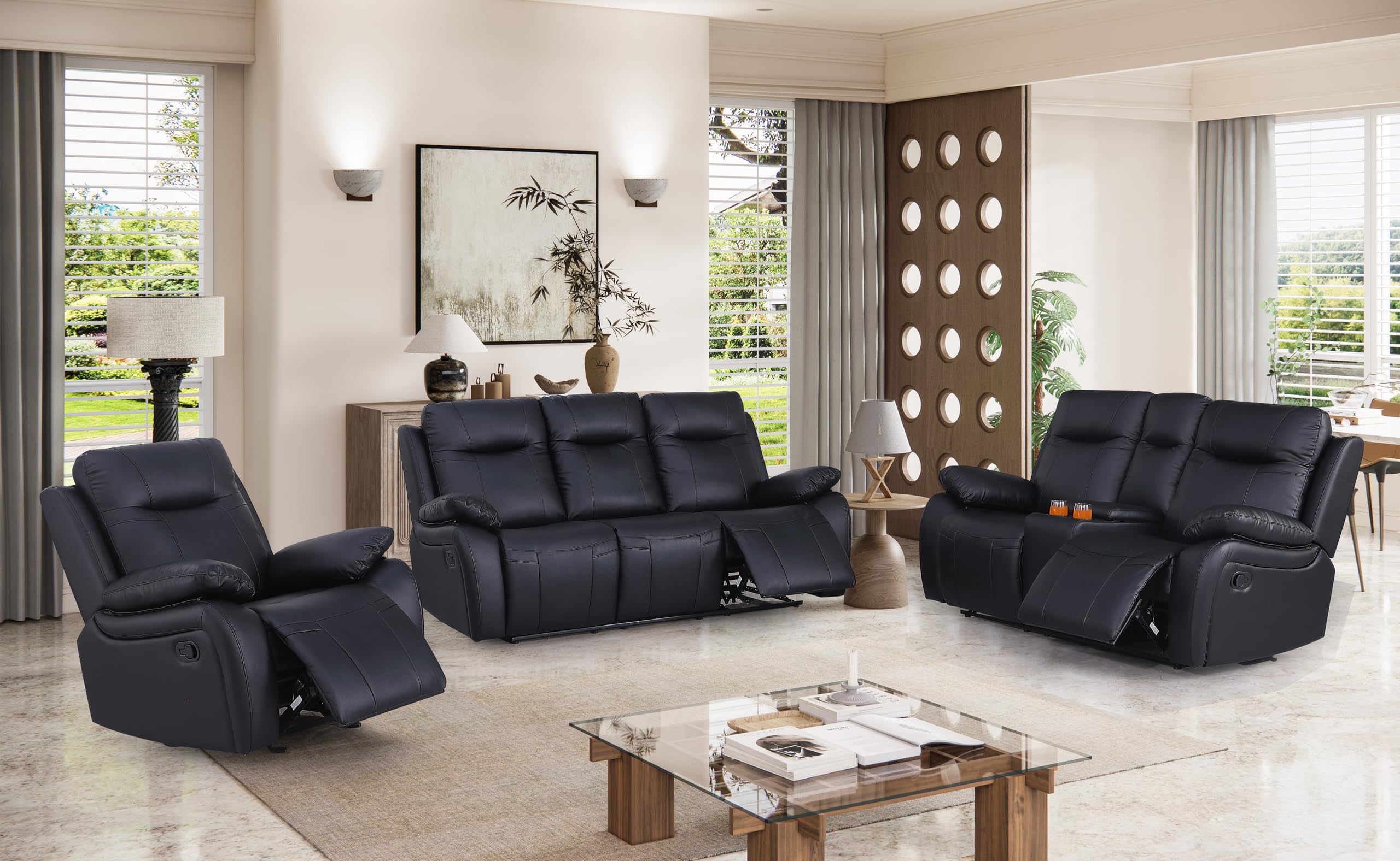 Power Recliner Sofa Set, 3 Piece Reclining Couch for Living Room, Brown Leather Home Theater Seating Recliner Couch Set with Storage and Cup Holders