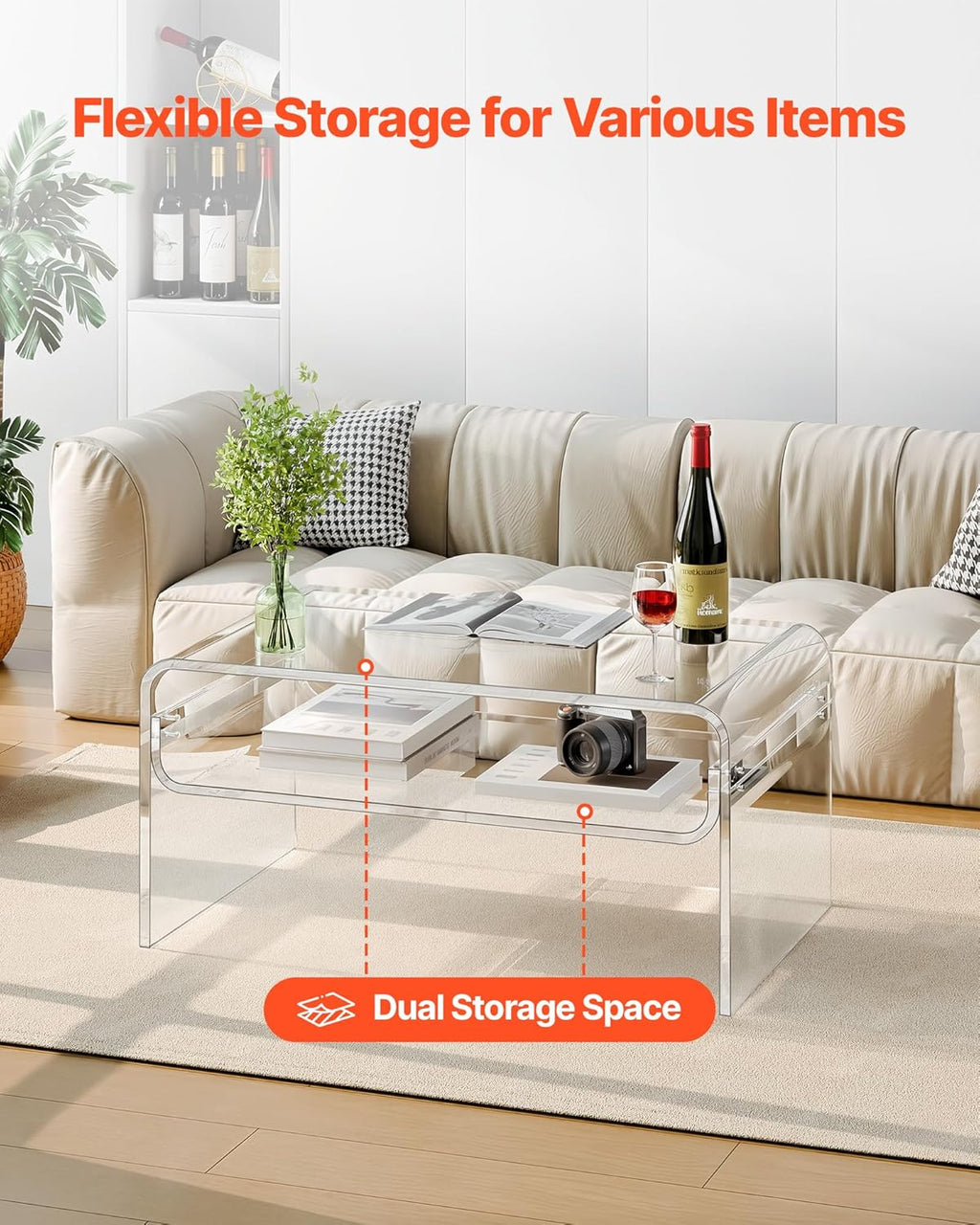 VEVOR Acrylic Coffee Table, Modern Lucite Desk with Open Storage Shelf, Clear Rectangle Center Table for Living Room, Office, 31.5 x 19.7 x 15 in