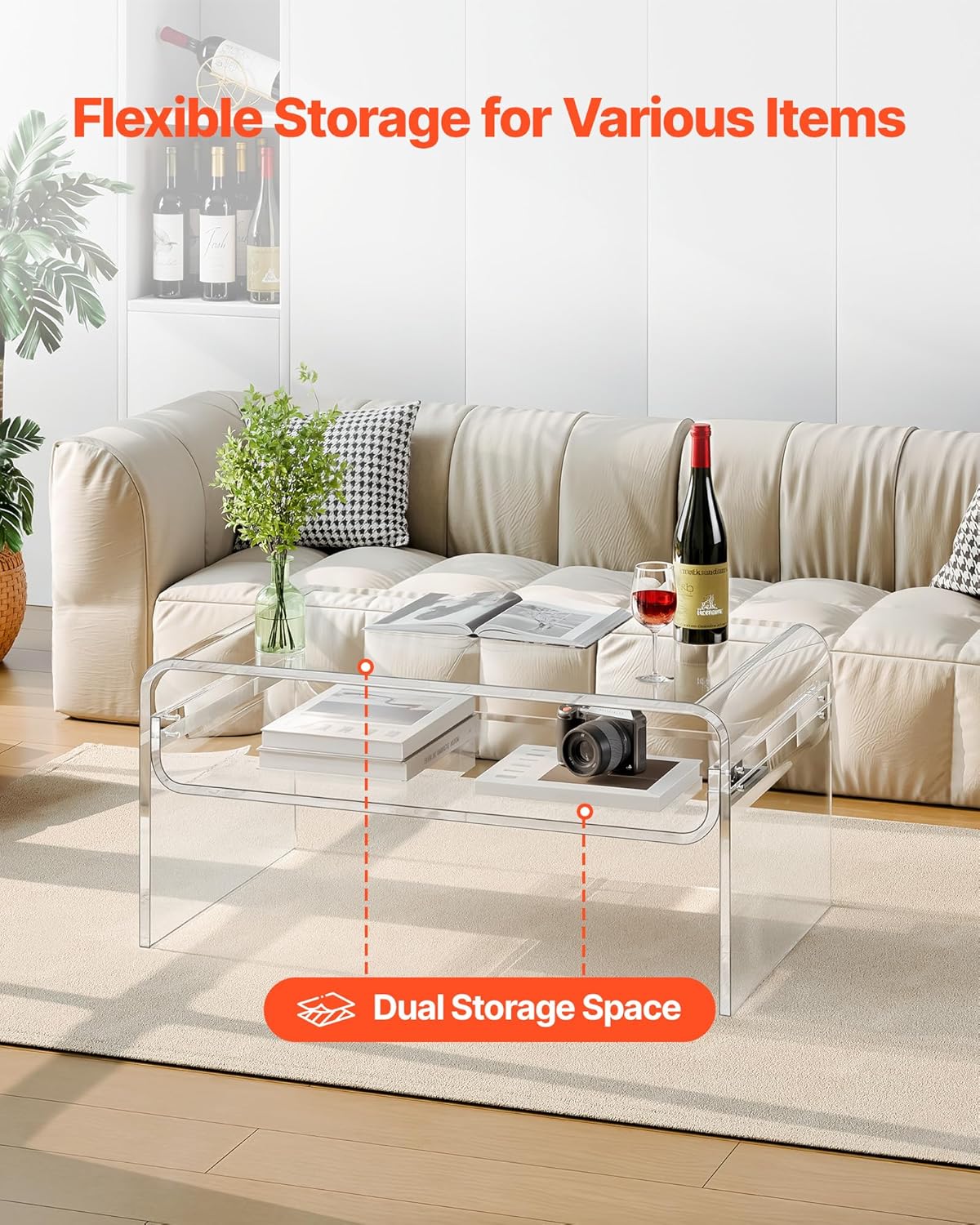 VEVOR Acrylic Coffee Table, Modern Lucite Desk with Open Storage Shelf, Clear Rectangle Center Table for Living Room, Office, 31.5 x 19.7 x 15 in