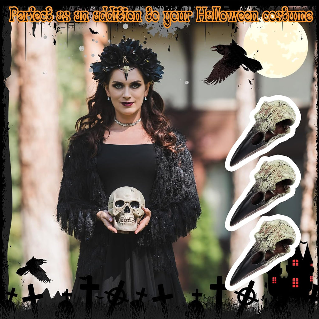 Geetery 4 Pcs Halloween Raven Skull Figurine Scavenger Gothic Crow Hanging Wall Sculpture Resin Raven Skull Statue for Home Faux Bird Bone Jewelry Necklace Decor (2.36 Inch)