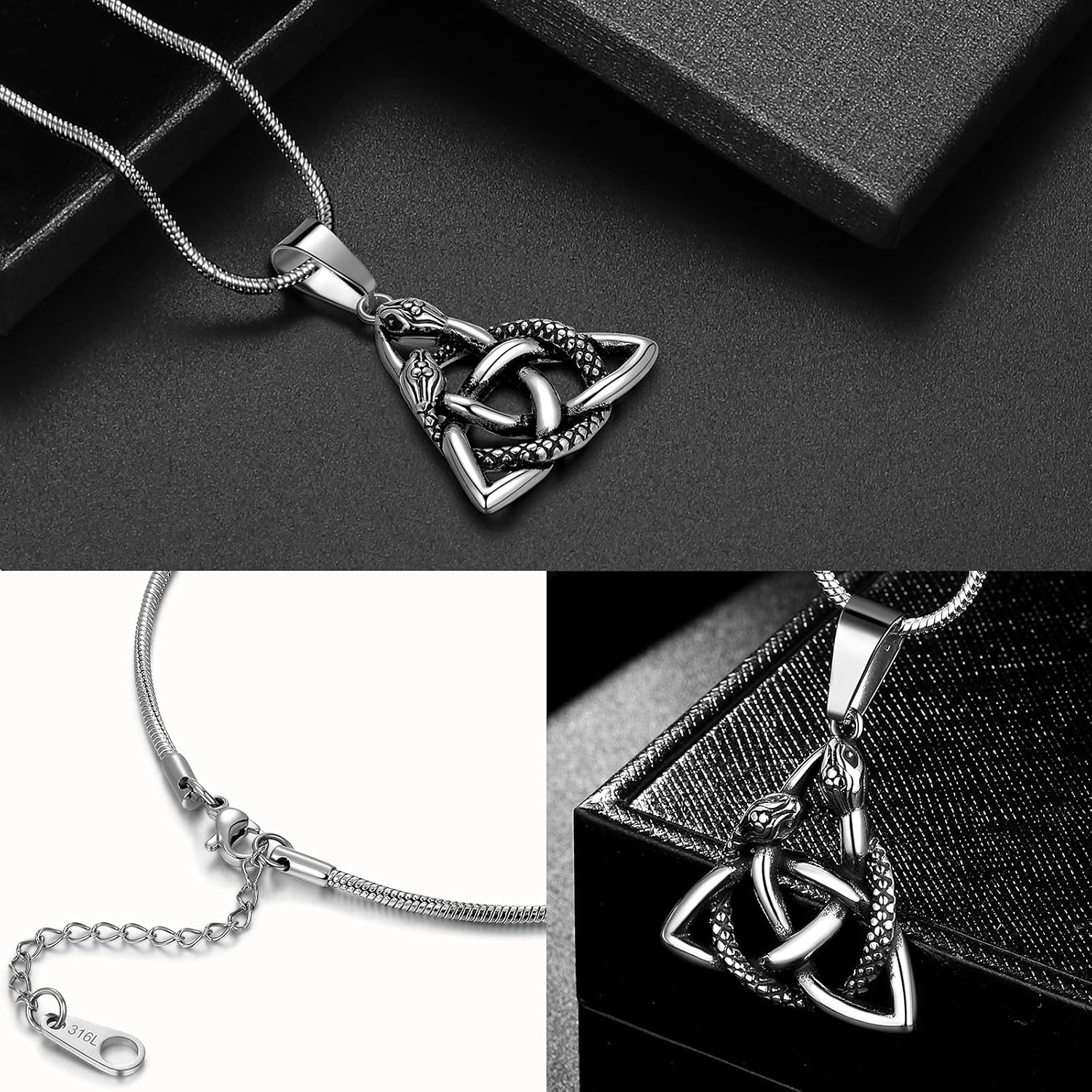 Celtic Knot Necklace Viking Pendant - Celtic Norse Triple Odin Horns Crescent Moon of Oden Horn Necklace Mens 316L Stainless Steel Triskelion Amulet Pewter Tribal Protection Viking Triskele Jewelry