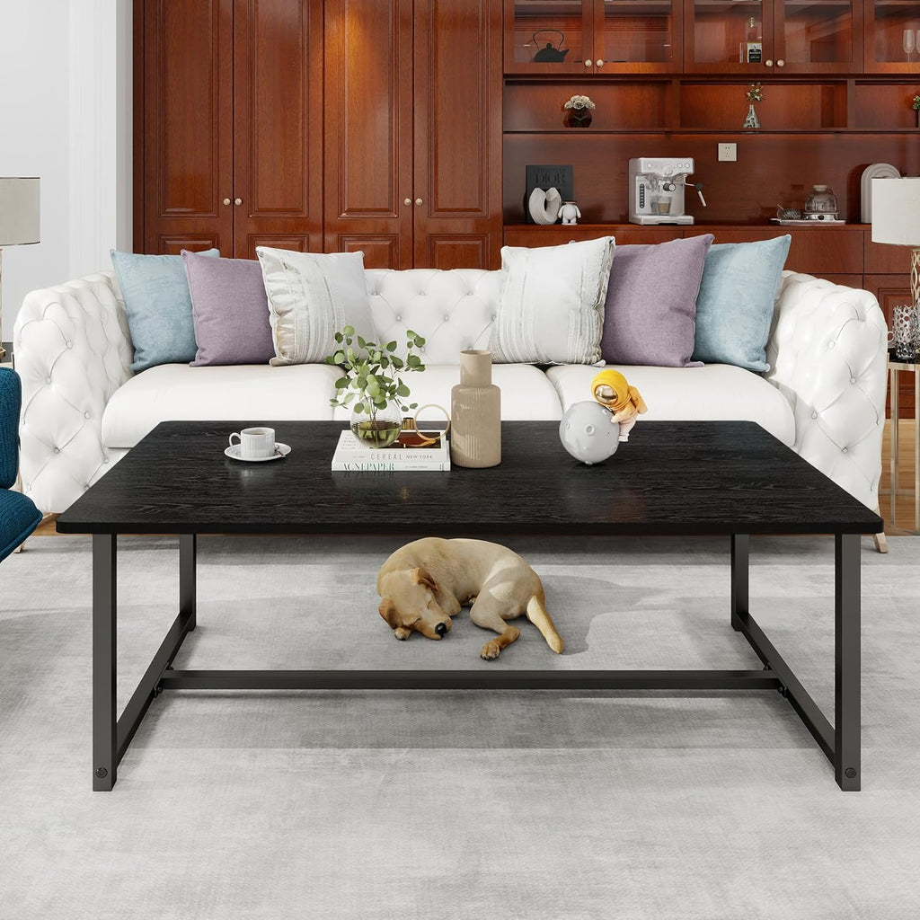 Black Coffee Table Rectangular Center Table for Living Room Open Space Side Table with Metal Frame, Easy Assembly,Wood Coffee Table