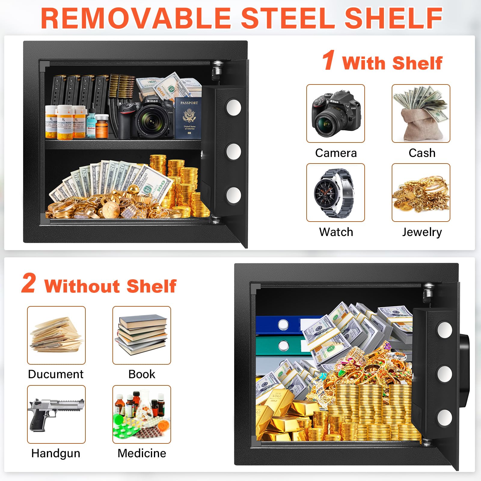 1.6 Cu Ft Home Safe Fireproof Waterproof, Fireproof Safe with Fireproof Document Bag, Programmable Keypad & Removable Shelf, Digital Home Security Safe Box for Money Firearm Medicines Valuables